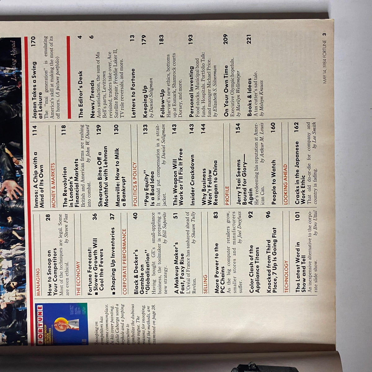 Table of contents page from Fortune Magazine May 14, 1984, showcasing articles on corporate strategies and significant business trends of the era.