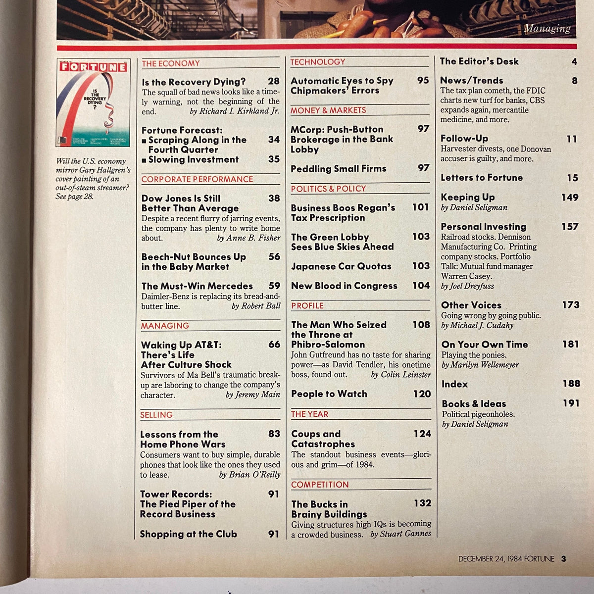 Contents page of Fortune Magazine, December 24, 1984, featuring the title 'Is the Recovery Dying?' and articles on corporate performance, technology, and economic analysis.