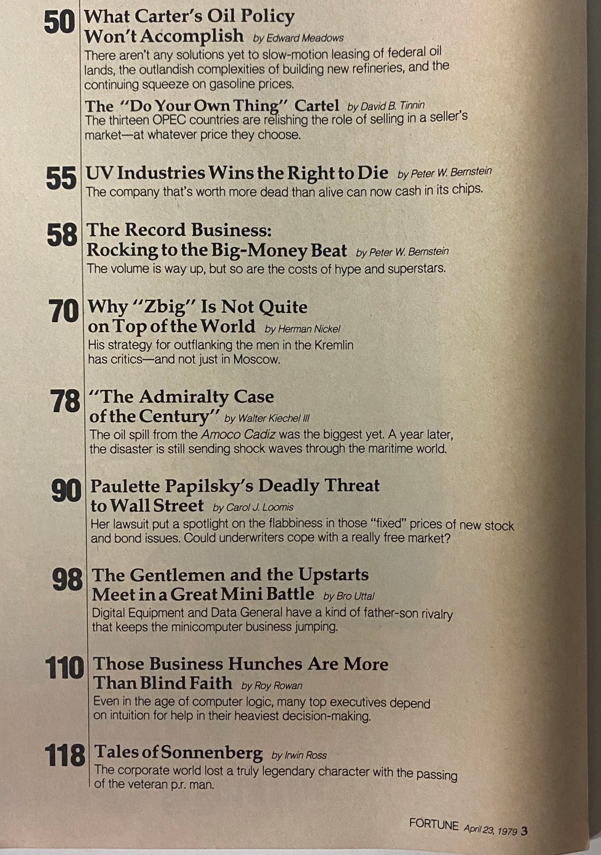 Interior page from Fortune Magazine April 23, 1979, listing notable articles like 'What Carter's Oil Policy Won't Accomplish' and 'The Record Business: Rocking to the Big-Money Beat'.