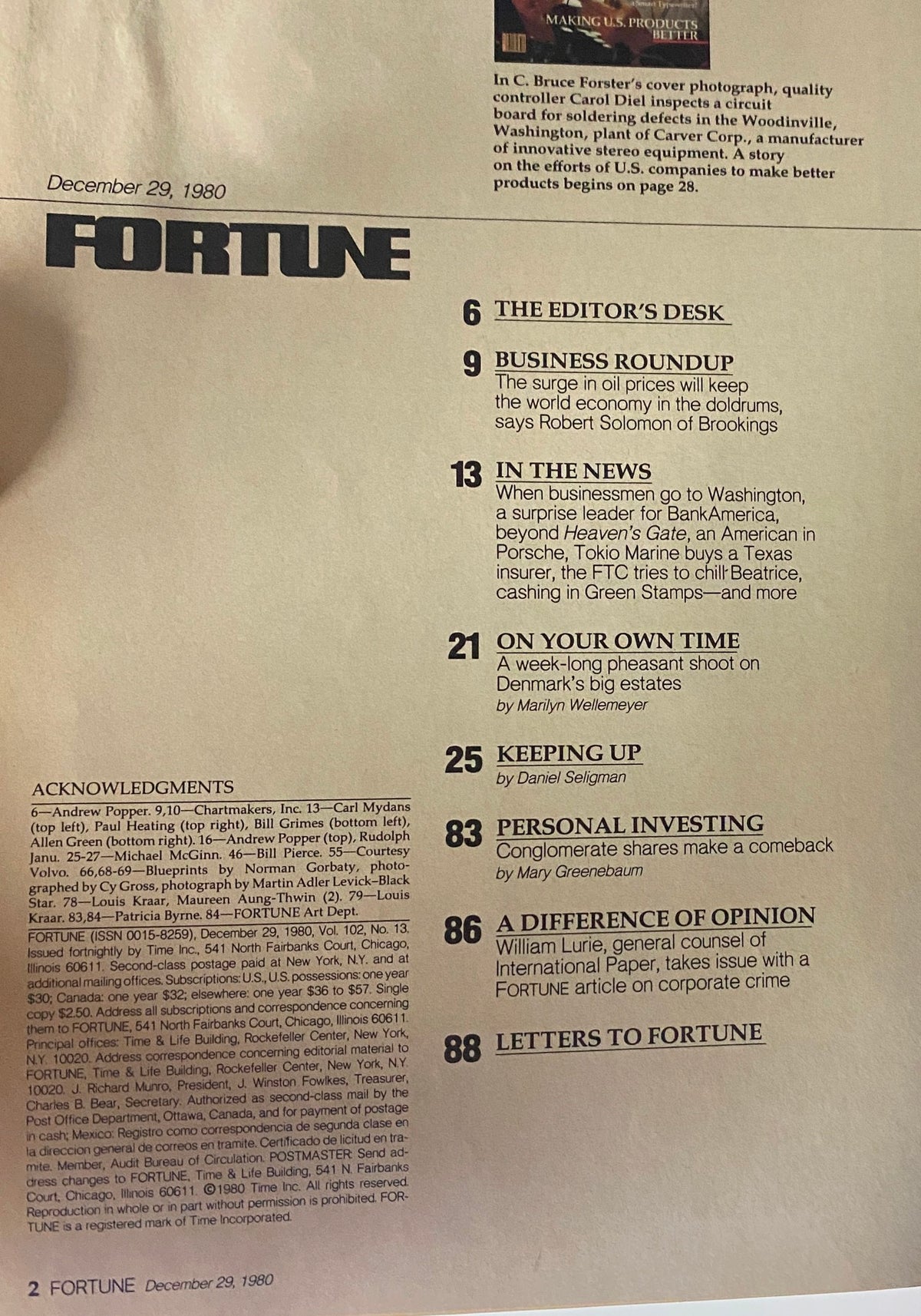 Table of contents page from Fortune Magazine, December 29, 1980, highlighting various articles including 'Business Roundup' and 'In the News'.
