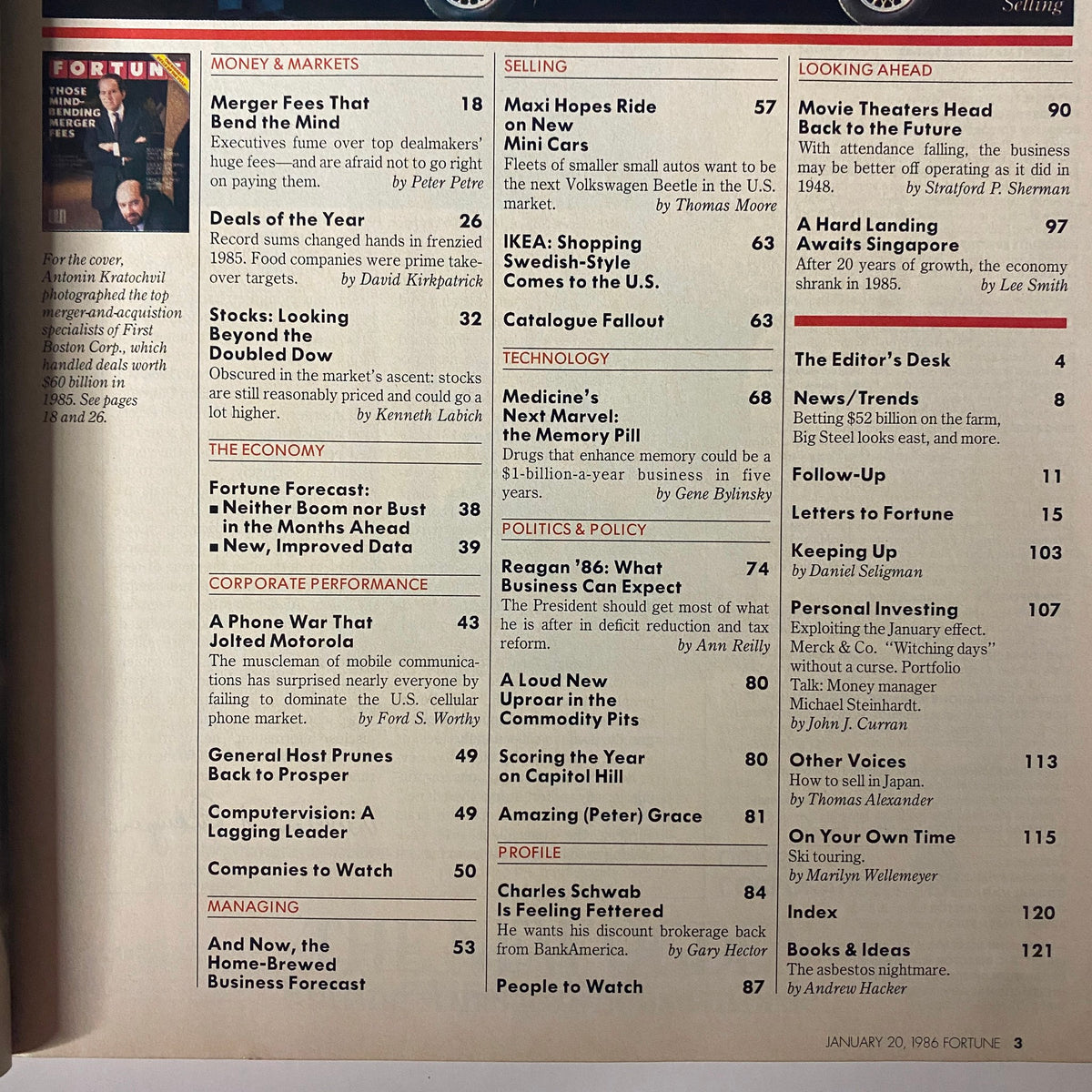Fortune Magazine January 20, 1986 table of contents, detailing articles on merger fees, stock market insights, and business forecasts.