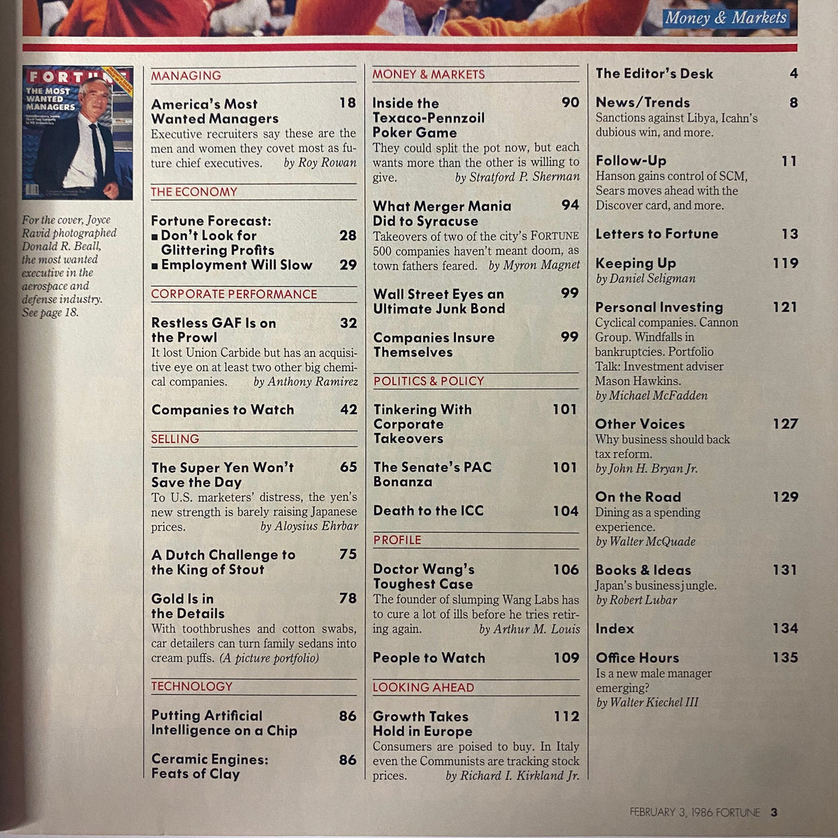 Table of contents from Fortune Magazine, February 3, 1986, featuring an overview of articles including topics on management, corporate performance, and economic forecasts.