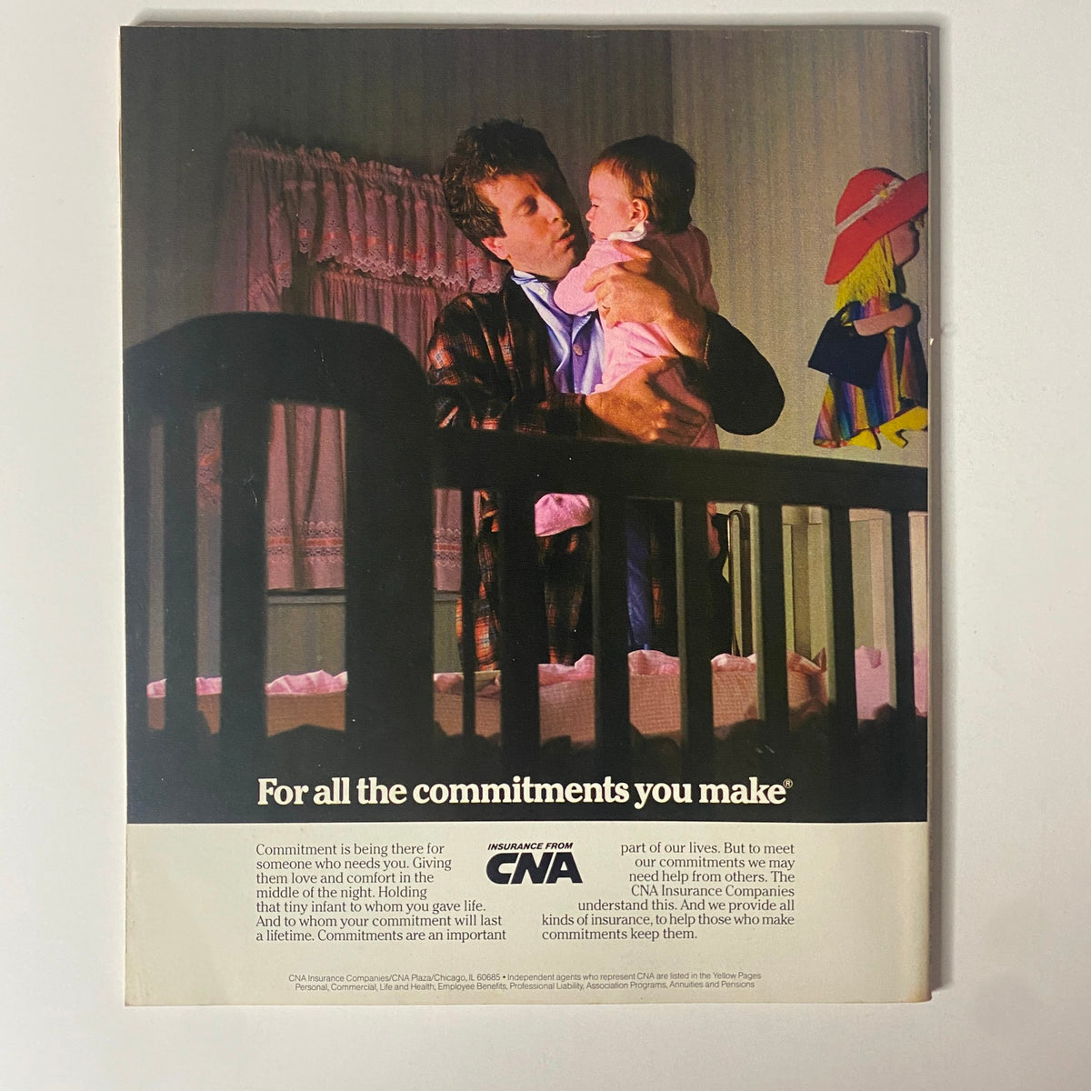 Back cover of Fortune Magazine, February 3, 1986, featuring an advertisement by CNA Insurance emphasizing the importance of commitments.