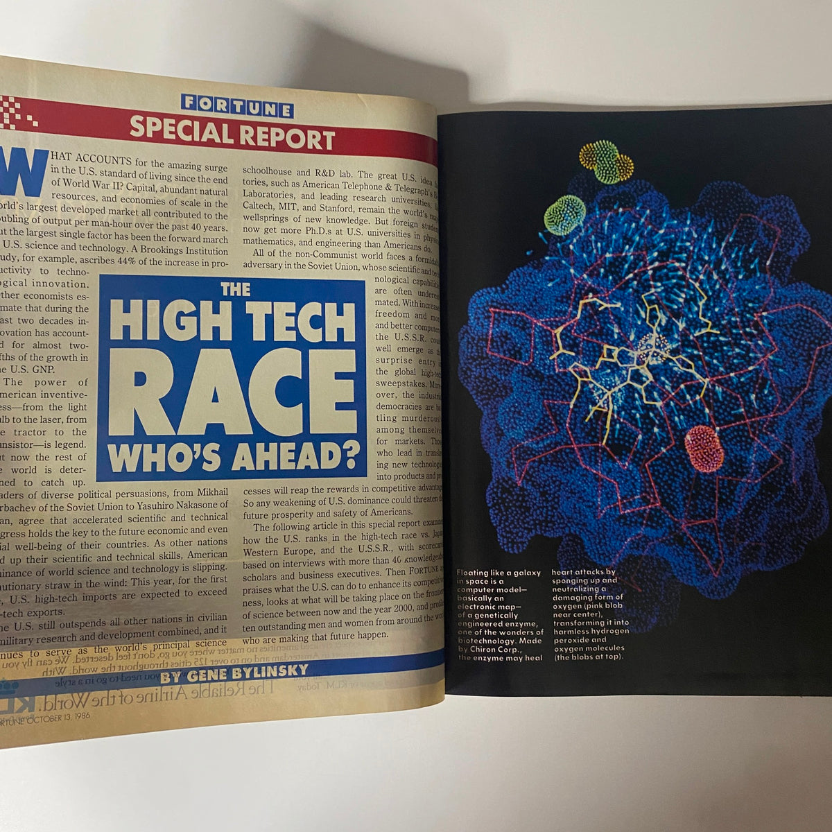 Inside spread of Fortune Magazine October 13, 1986, showcasing the article titled 'The High Tech Race: Who's Ahead?'. The page features bold headings and an illustration related to technological innovations, emphasizing the magazine's focus on the tech landscape.