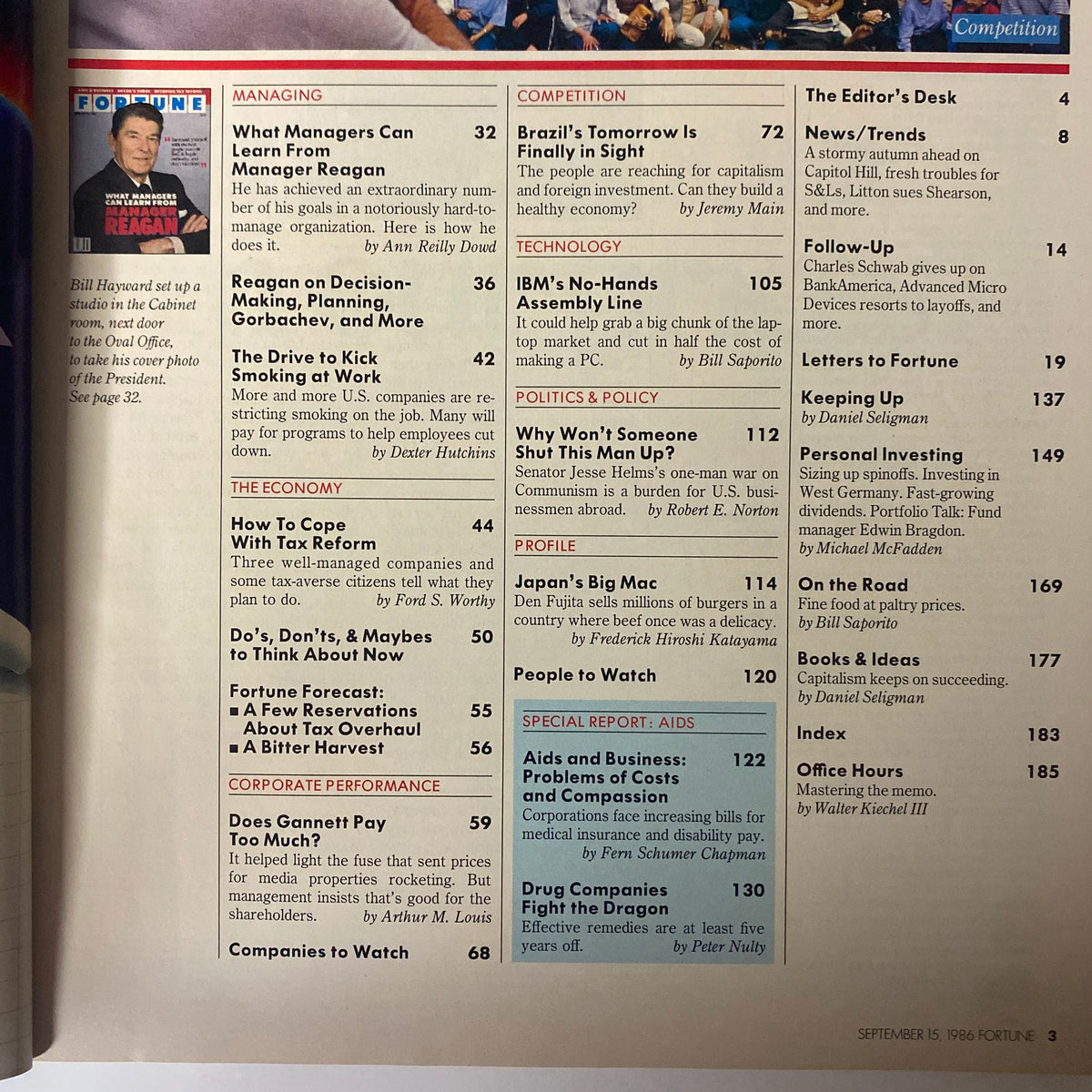 Table of contents from Fortune Magazine September 15, 1986, listing articles, including 'What Managers Can Learn From Manager Reagan' and others related to management and economic issues.