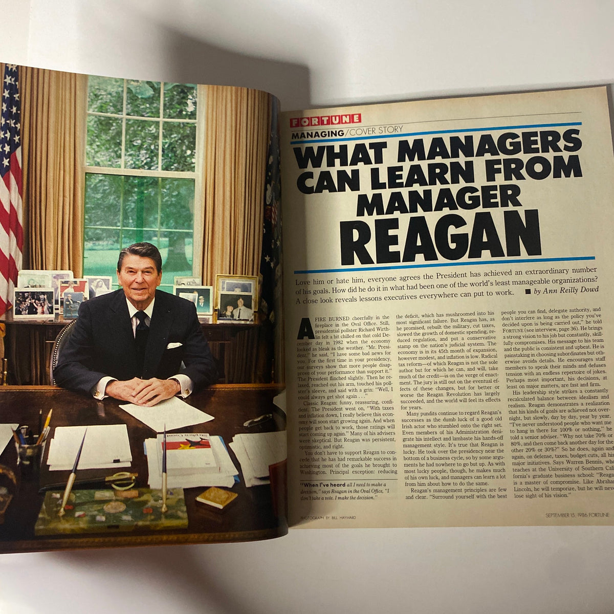 Inside page from Fortune Magazine September 15, 1986, displaying the article 'What Managers Can Learn From Manager Reagan' with an image of Reagan at his desk, discussing leadership strategies.