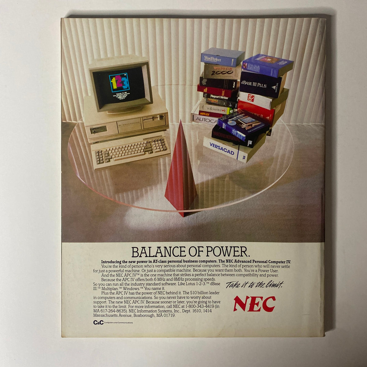 Fortune Magazine September 15, 1986 featuring President Ronald Reagan. Image shows a vintage personal computer setup surrounded by software boxes. The ad highlights the NEC Advanced Personal Computer IV, demonstrating its capabilities in a stylish office environment.
