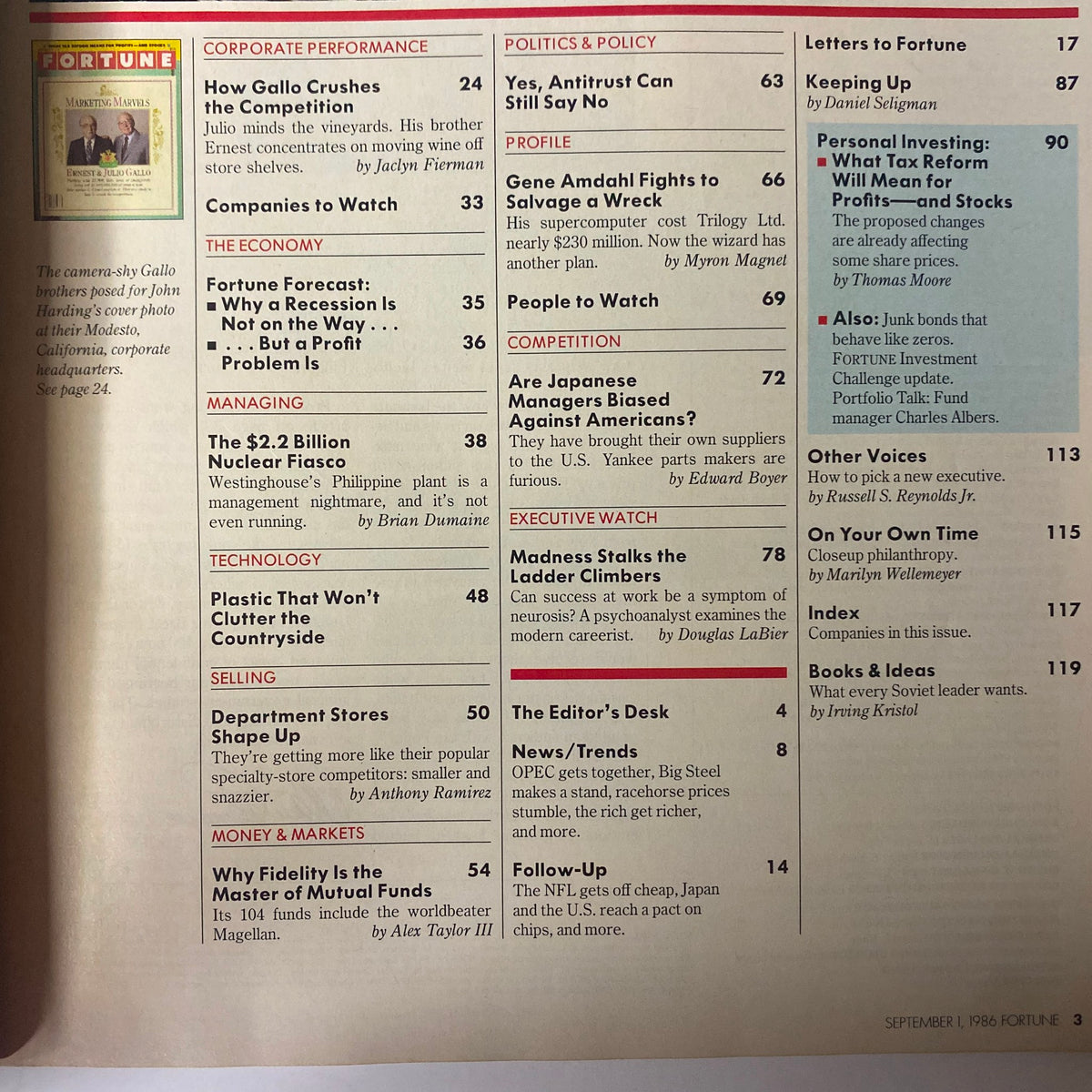 Contents page of Fortune Magazine September 1, 1986 listing corporate articles including 'How Gallo Crushes the Competition' and 'The $2.2 Billion Nuclear Fiasco'.