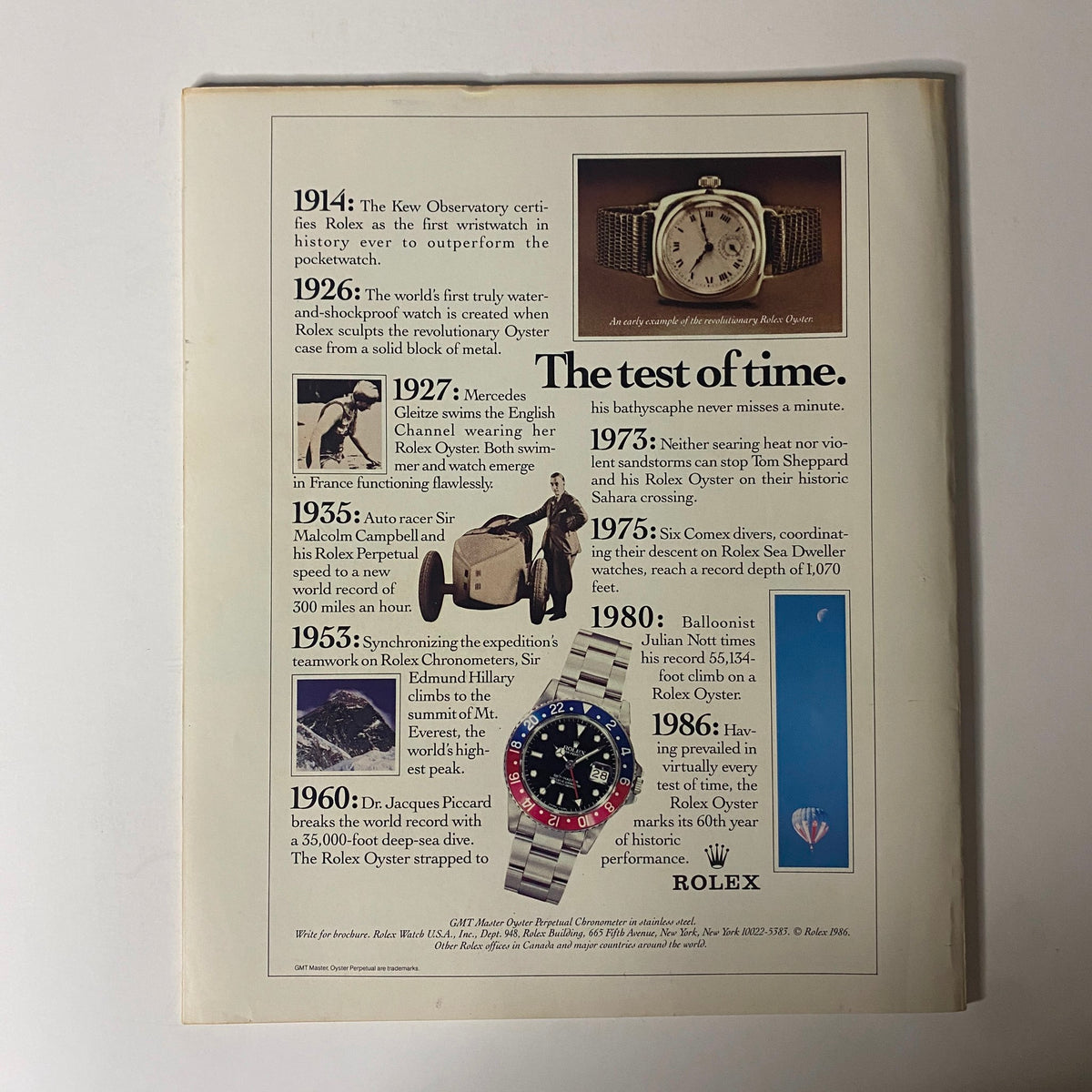 Vintage advertisement from Fortune Magazine August 18, 1986, illustrating the history of Rolex watches with milestones and features.