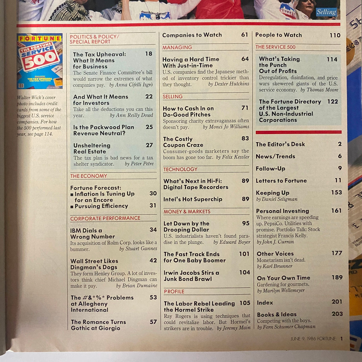 Fortune Magazine June 9, 1986 Table of Contents featuring the Tax Upheaval Special Report top articles relevant to finance and business.