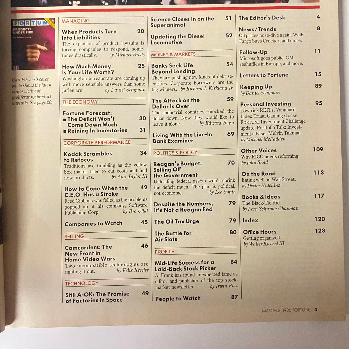 Table of contents from Fortune Magazine March 3, 1986, highlighting articles including 'When Products Turn into Liabilities' and various economic topics.