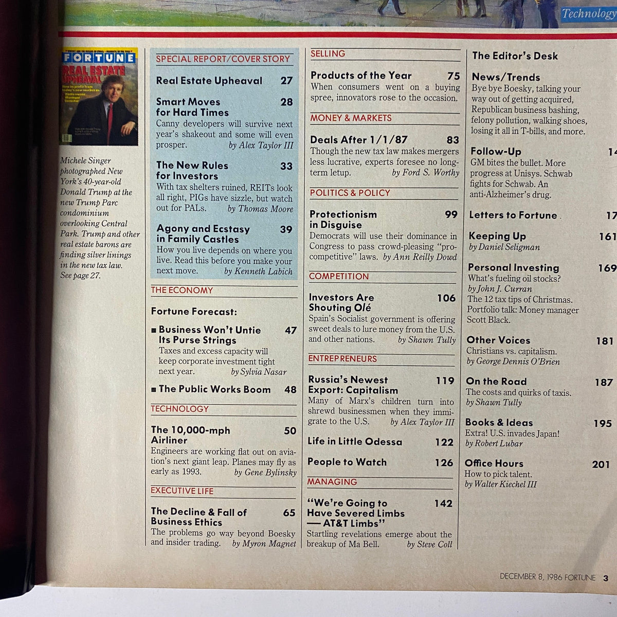 Interior page from Fortune Magazine, December 8, 1986, showcasing editorial content including a special report titled 'Real Estate Upheaval' and various articles on business strategies and economic forecasts.
