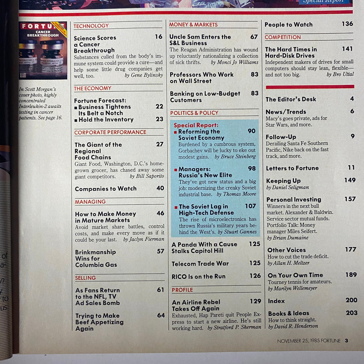 Table of contents from Fortune Magazine, November 25, 1985, showcasing sections on technology, economy, and corporate performance.