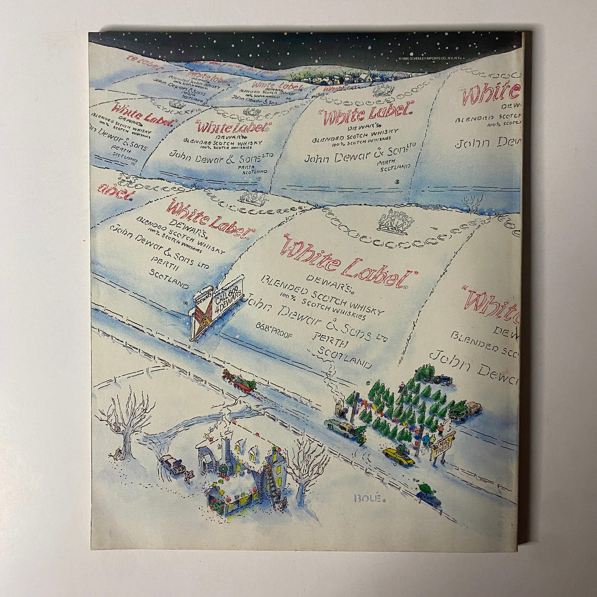 Illustrated advertisement for John Dewar & Sons' White Label Scotch whisky from the back cover of Fortune Magazine, November 25, 1985.
