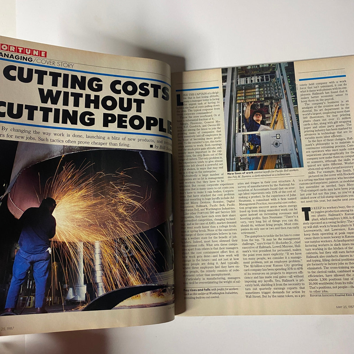An article page from Fortune Magazine, May 25, 1987, discussing strategies for cutting costs without layoffs, featuring an industrial scene.