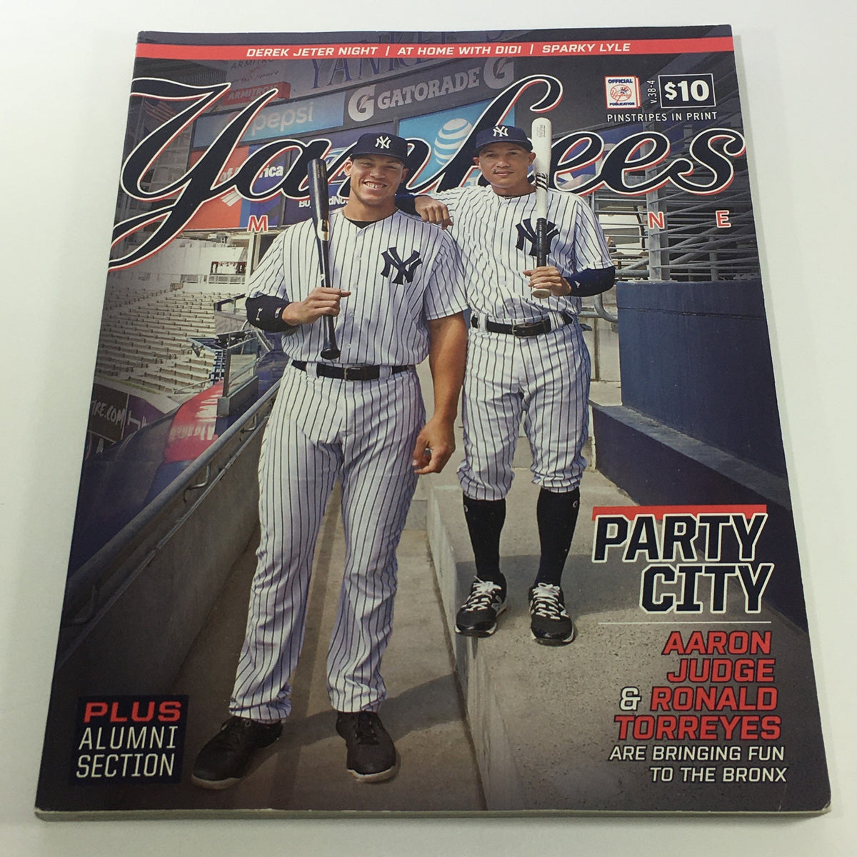 Cover of Yankees Magazine: June 2017 Volume 38-4 featuring Aaron Judge and Ronald Torreyes, showcasing the New York Yankees in their iconic pinstripe uniforms.