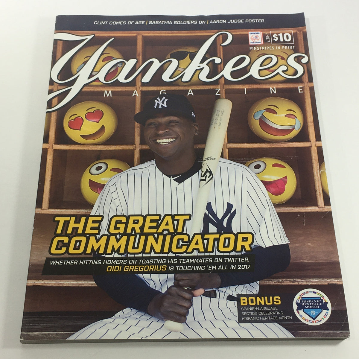 Cover of Yankees Magazine: September 2017 Volume 38-7 featuring Didi Gregorius, showcasing his role as 'The Great Communicator' with emojis and a bat, highlighting his importance to the New York Yankees.