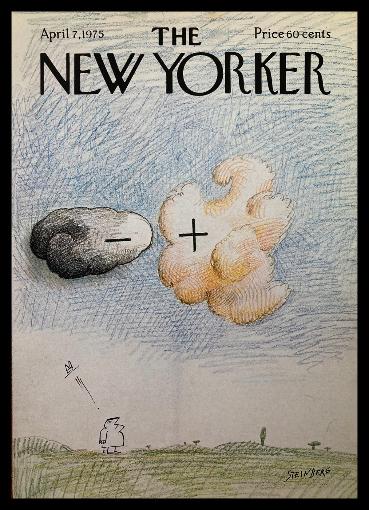 COVER ONLY The New Yorker April 7 1975 Clouds by Saul Steinberg, showcasing a whimsical illustration of clouds with contrasting symbols and a character gazing up, perfect for art collectors.