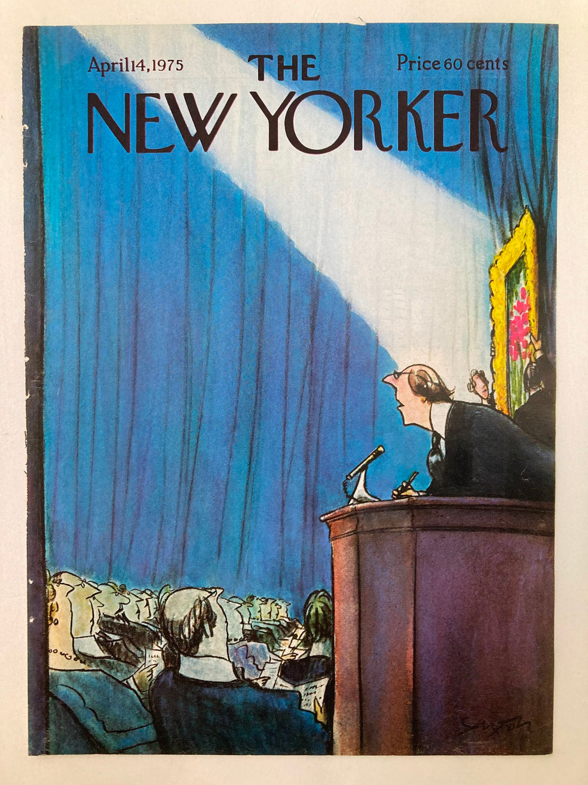 Cover of The New Yorker issue from April 14, 1975, titled 'Say What' by Charles Saxon, showcasing a dramatic scene with a speaker at a podium under bright stage lights.