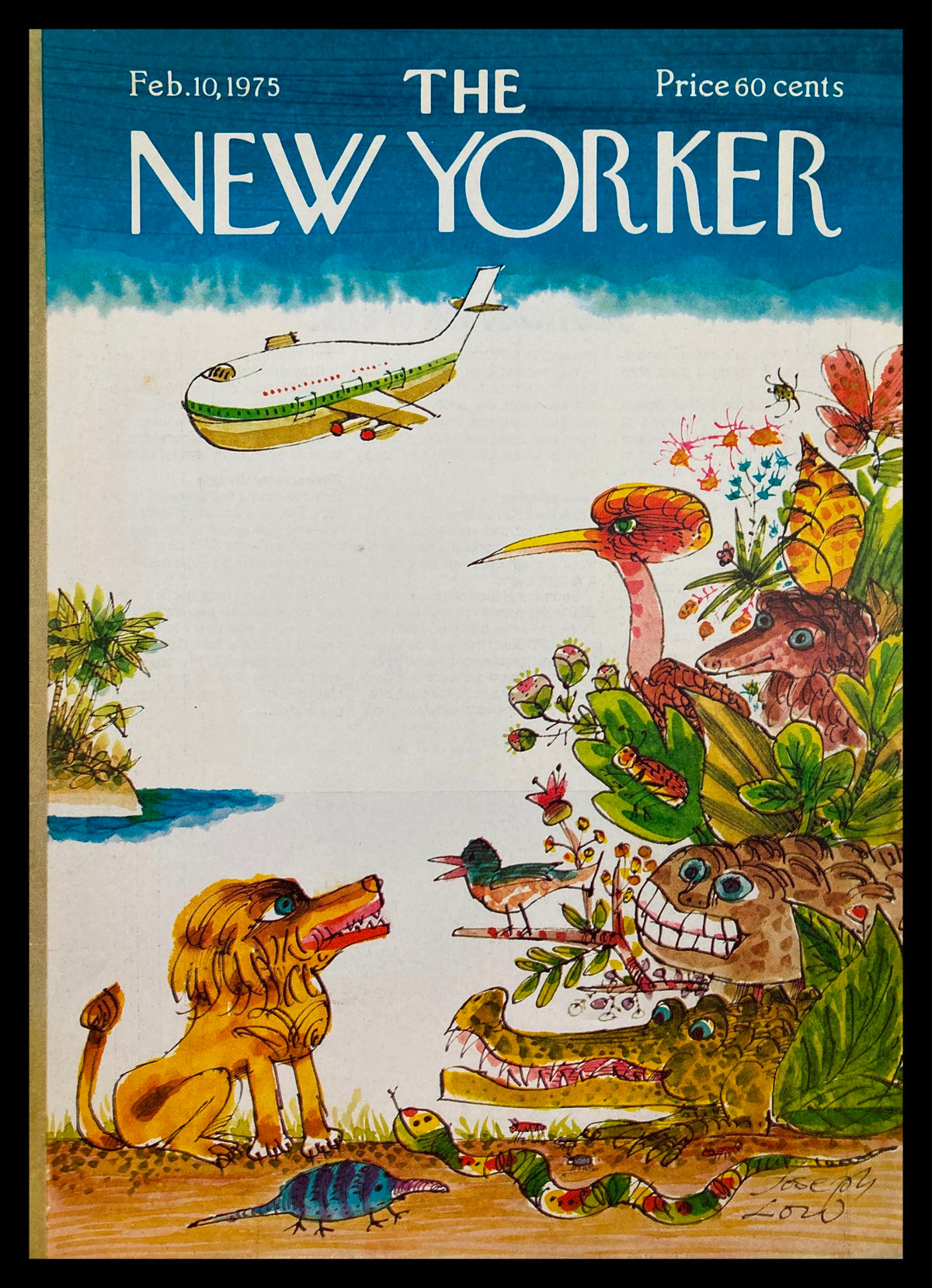 The New Yorker February 10 1975 cover featuring a colorful illustration by Joseph Low, depicting various animals including a lion, birds, and plants, with an airplane in the sky.