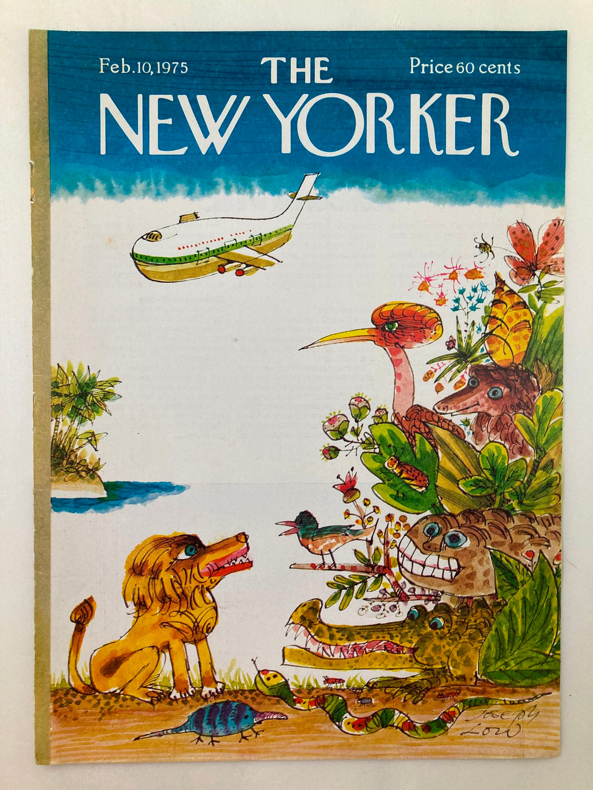 The New Yorker February 10 1975 cover showcasing a vibrant animal kingdom illustration by Joseph Low, including a lion, a snake, and exotic foliage, with an airplane above.