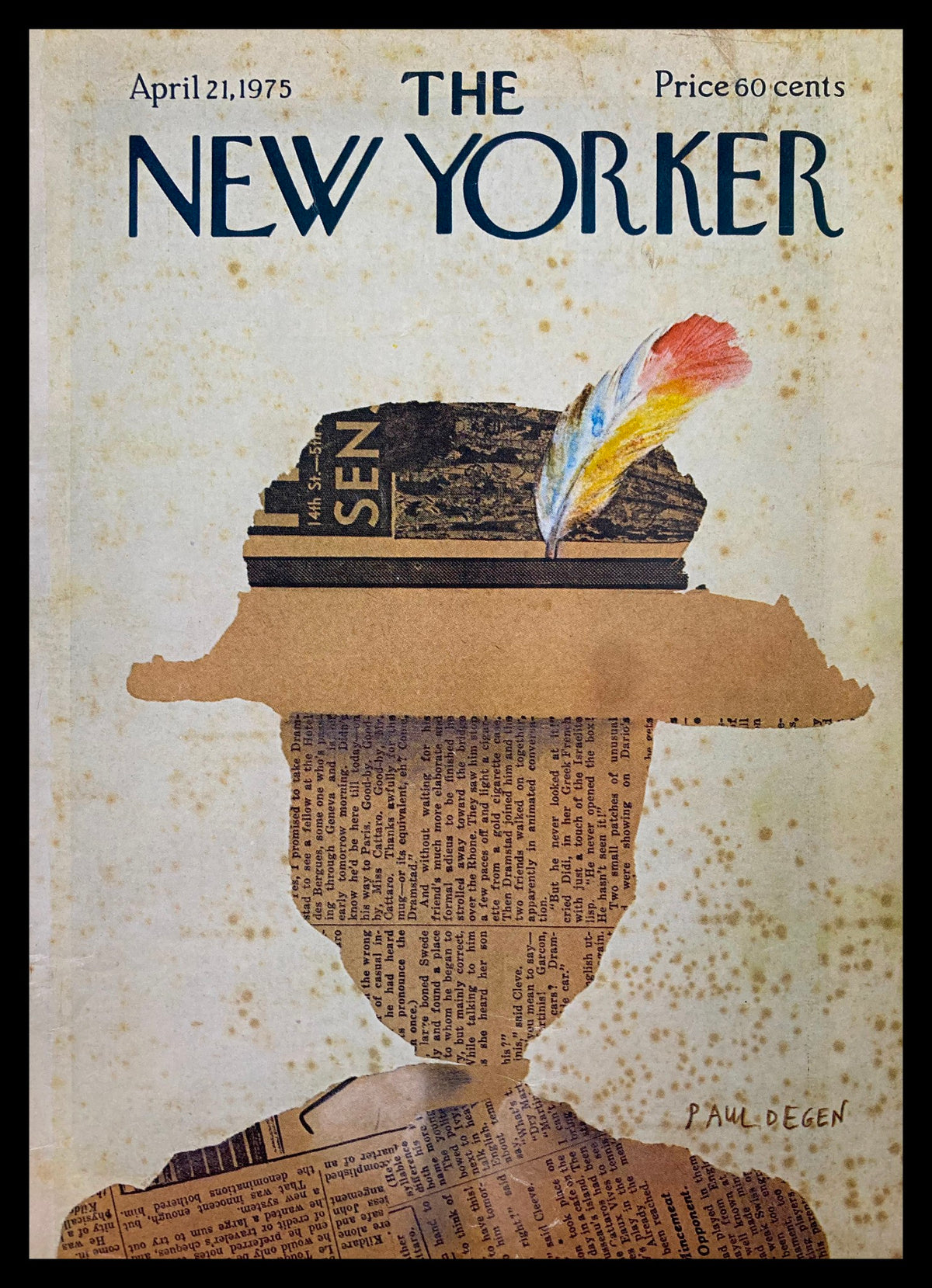 COVER ONLY The New Yorker April 21 1975, featuring the iconic illustration 'Princess of Power' by Paul Degen, showcasing a silhouette with a feather and newspaper clippings.