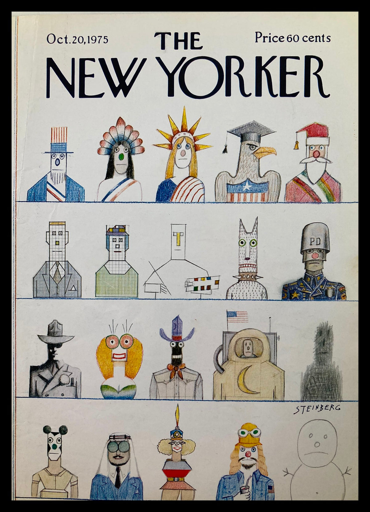 Cover of The New Yorker dated October 20, 1975, featuring the artwork 'United Nation' by Saul Steinberg, showcasing a variety of colorful characters in a unique artistic style.