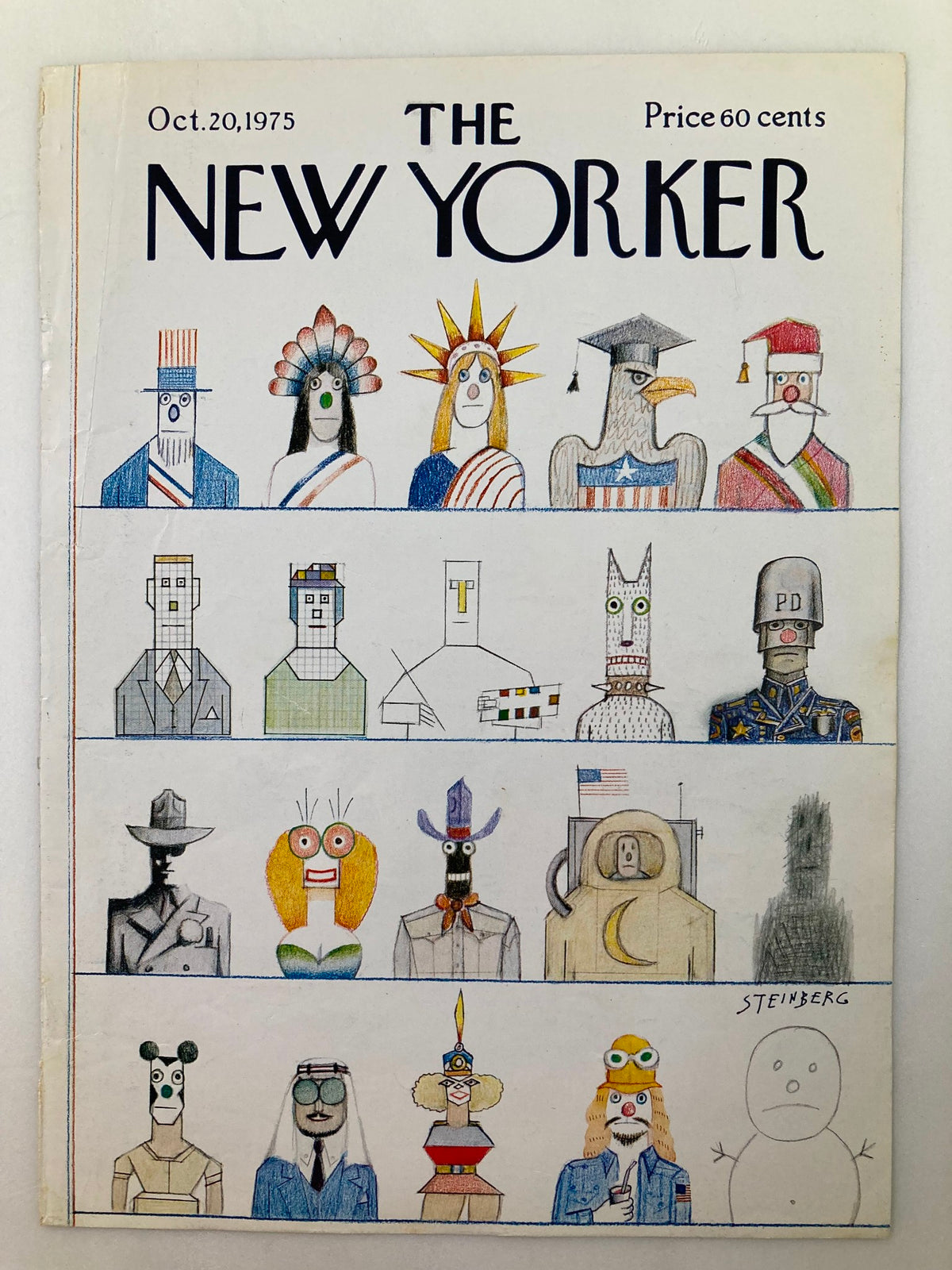 Cover of The New Yorker dated October 20, 1975, featuring Saul Steinberg's artwork 'United Nation', showcasing various illustrated characters and symbols representing cultural diversity.