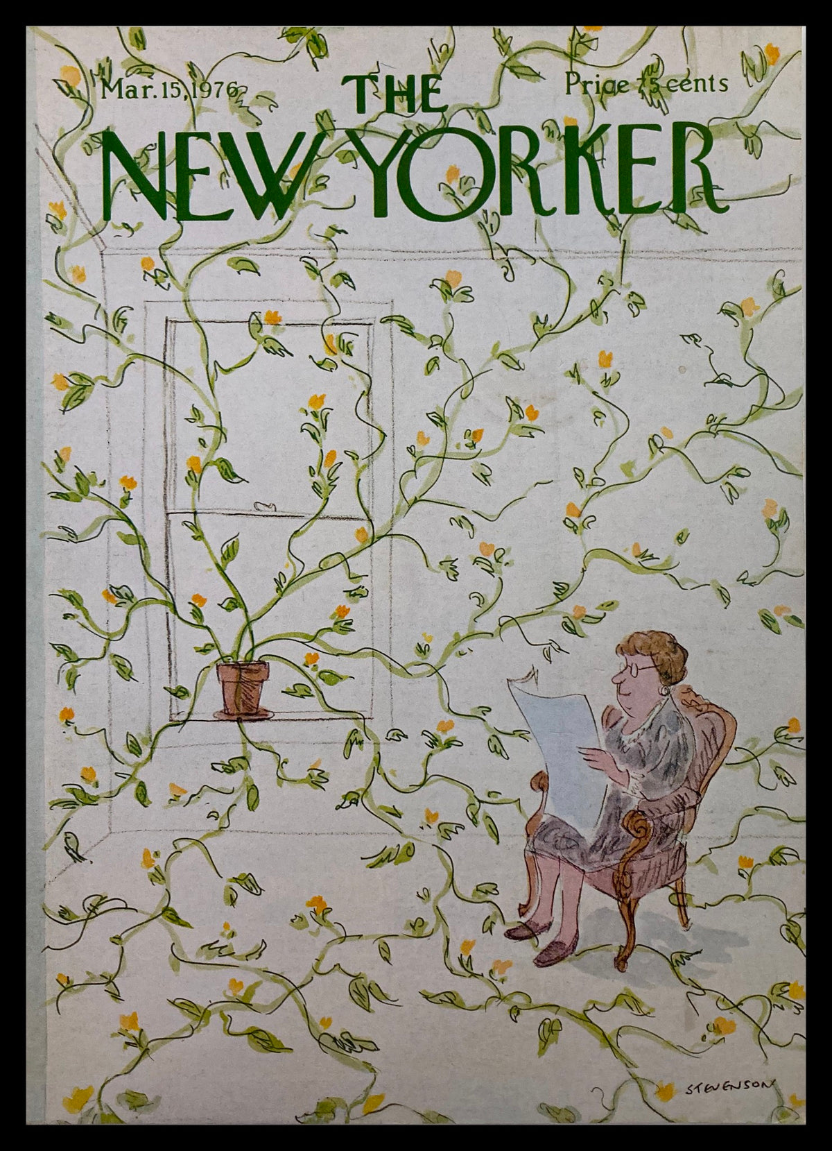 COVER ONLY The New Yorker March 15 1976 Vines by James Stevenson, featuring a woman reading in a room adorned with leafy vines and yellow flowers.