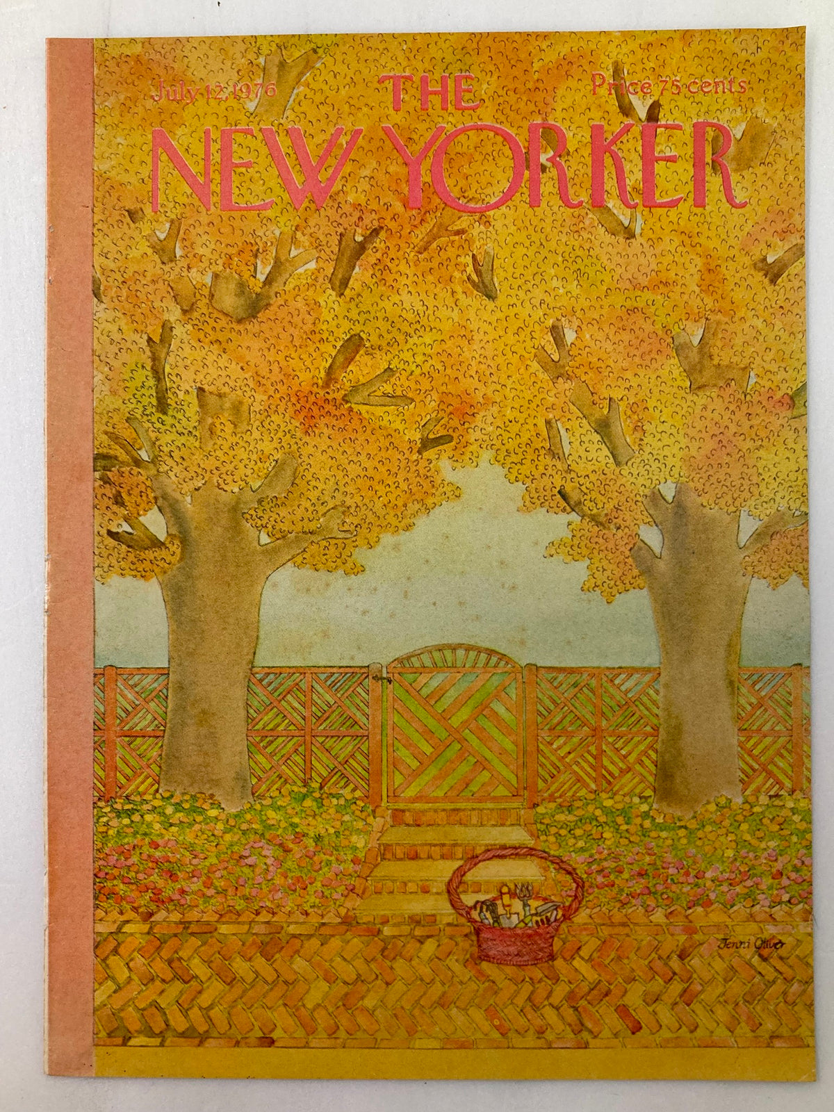 Cover only The New Yorker July 12 1976 Gardening Day showcasing colorful fall foliage and a basket in the garden, designed by Jenni Oliver.