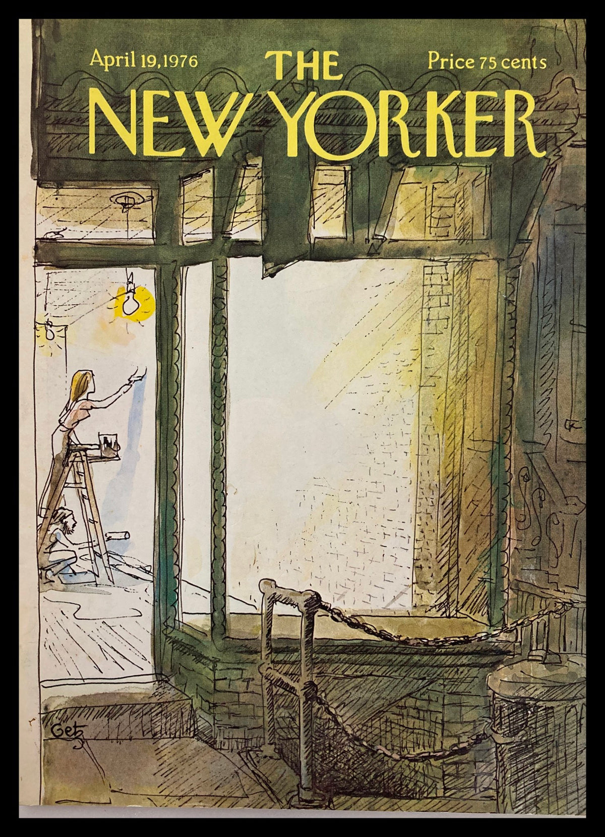 Cover only of The New Yorker April 19, 1976 featuring renovation artwork by Arthur Getz. The illustration depicts a woman painting a wall while another figure paints in the background, showcasing a charming interior scene.