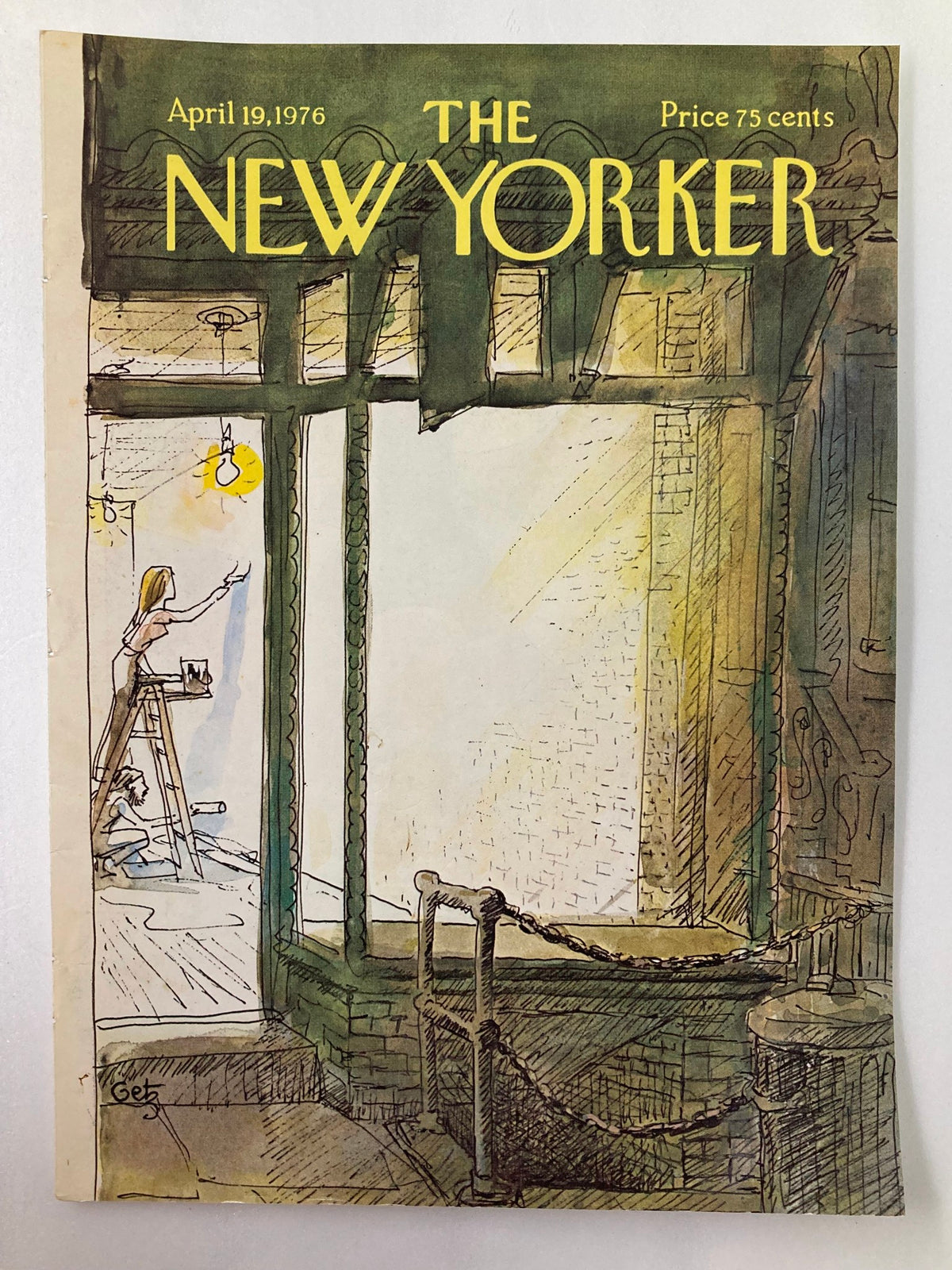 Cover only of The New Yorker April 19, 1976 with renovation illustration by Arthur Getz. The cover presents a nostalgic look at a renovation scene, with a woman on a ladder and brushes, capturing the essence of 1970s artistry.