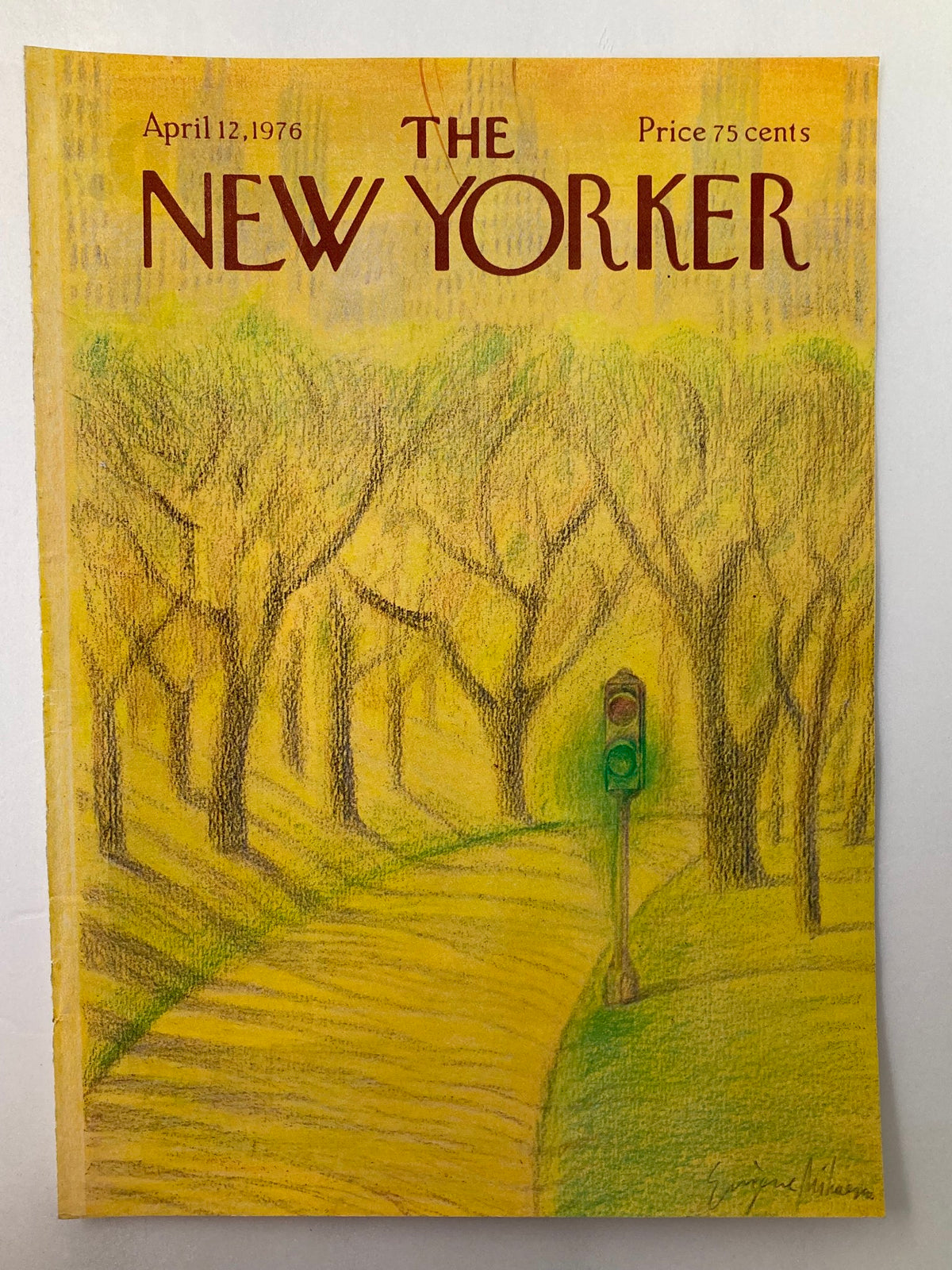 COVER ONLY The New Yorker April 12 1976 featuring art by Eugene Mihaesco, depicting a vibrant green traffic light amid trees, showcasing a nostalgic and artistic illustration.