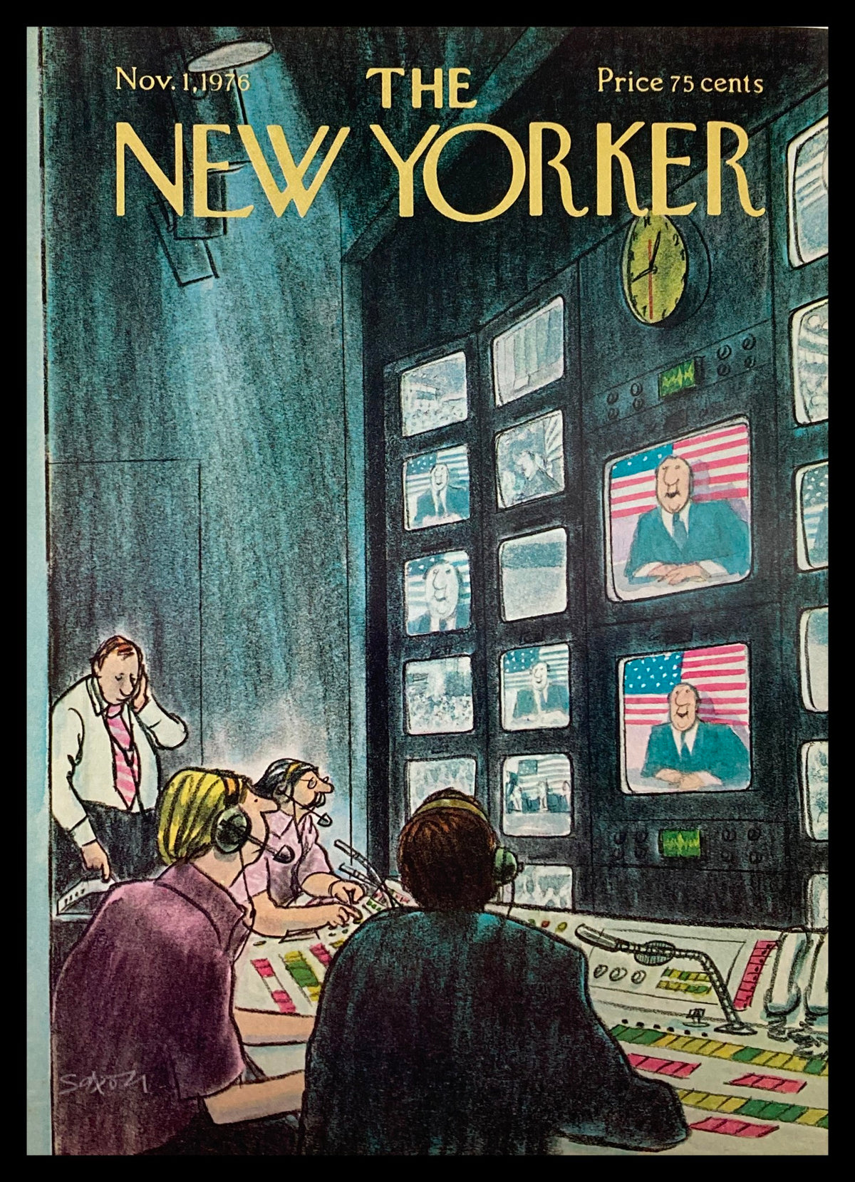 Cover only of The New Yorker magazine dated November 1, 1976, featuring the artwork 'Broadcasting' by Charles Saxon, depicting a television studio scene with individuals working at control panels and multiple screens showing broadcast content.