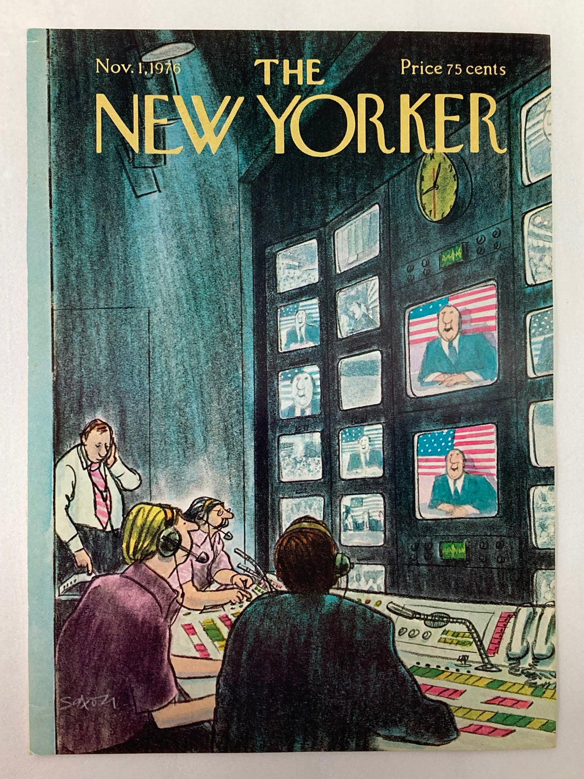 Cover only of The New Yorker magazine from November 1, 1976, illustrated by Charles Saxon, showcasing a busy control room in a television studio with staff operating equipment, reflecting themes of broadcasting and media.