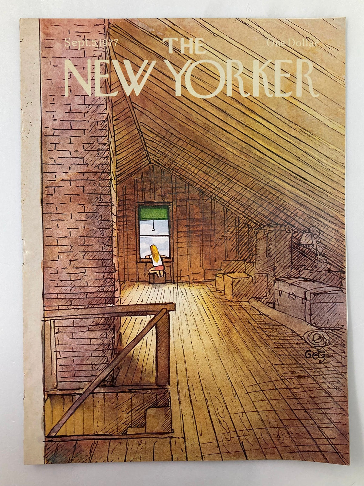 Cover of The New Yorker dated September 6, 1977, featuring the artwork "Attic" by Arthur Getz, depicting an inviting attic space with wooden beams and a child sitting by a window.