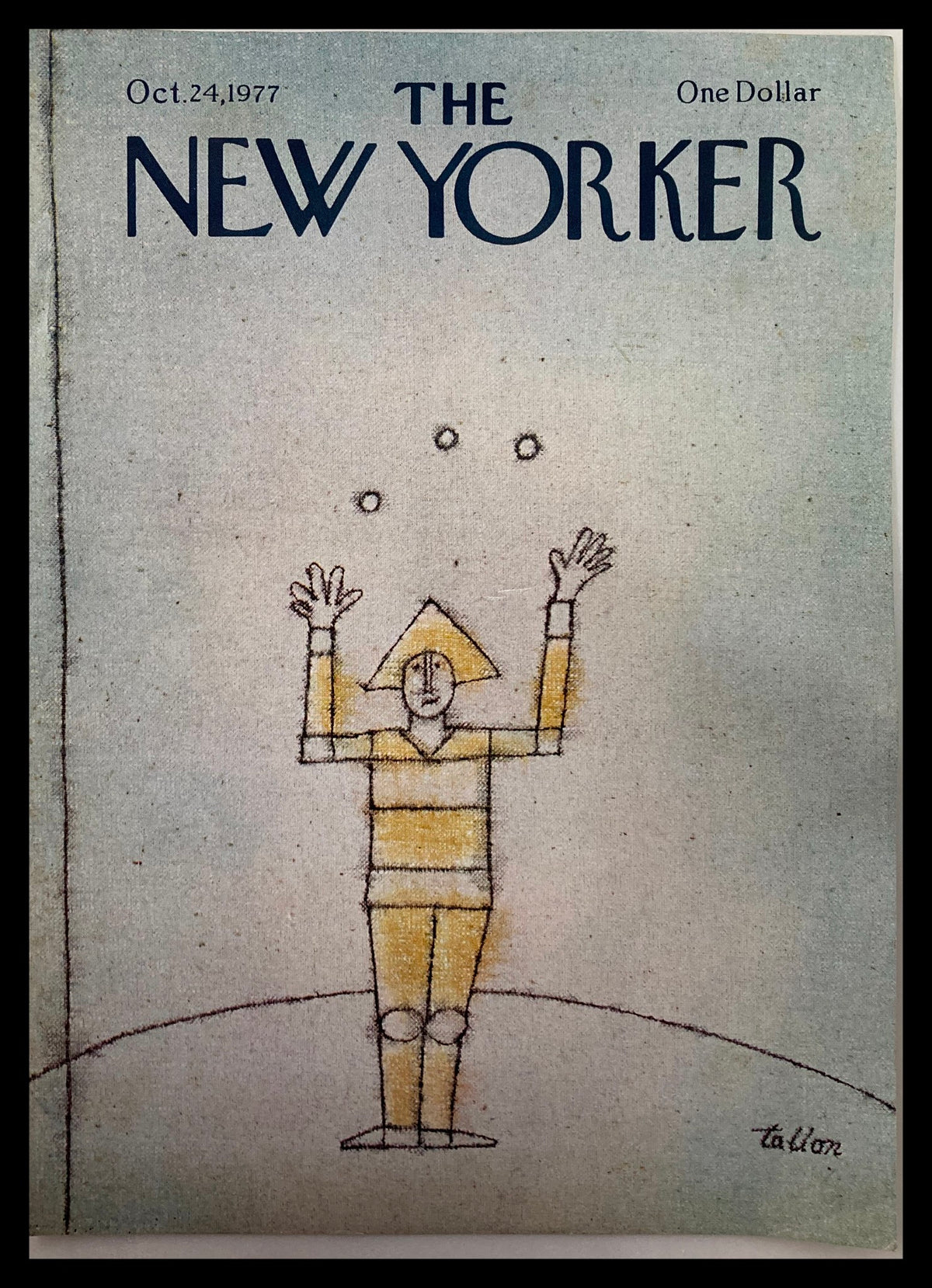 Cover of The New Yorker magazine dated October 24, 1977, featuring the illustration "Juggler" by Robert Tallon, depicting a juggler in yellow attire against a textured background.