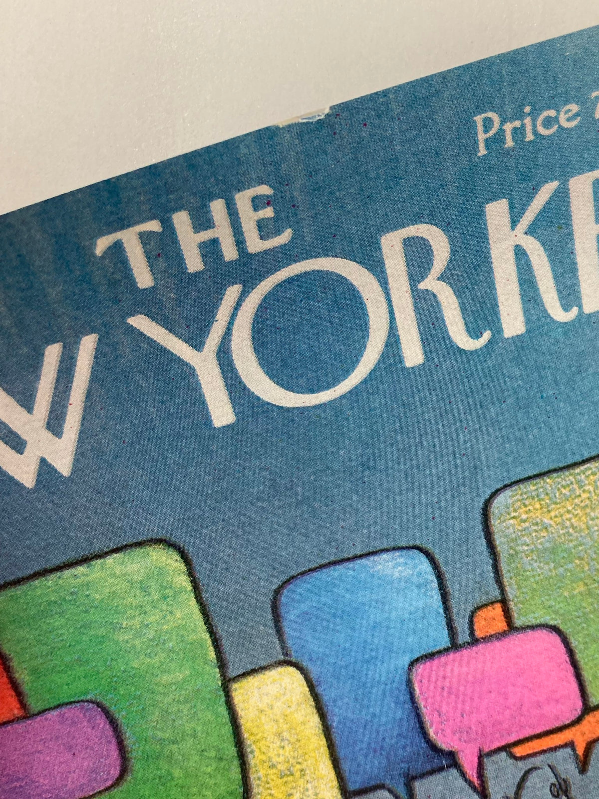 Close-up detail of The New Yorker March 14 1977 cover, highlighting the title and colorful speech bubbles in the Gossips illustration by Charles Saxon.