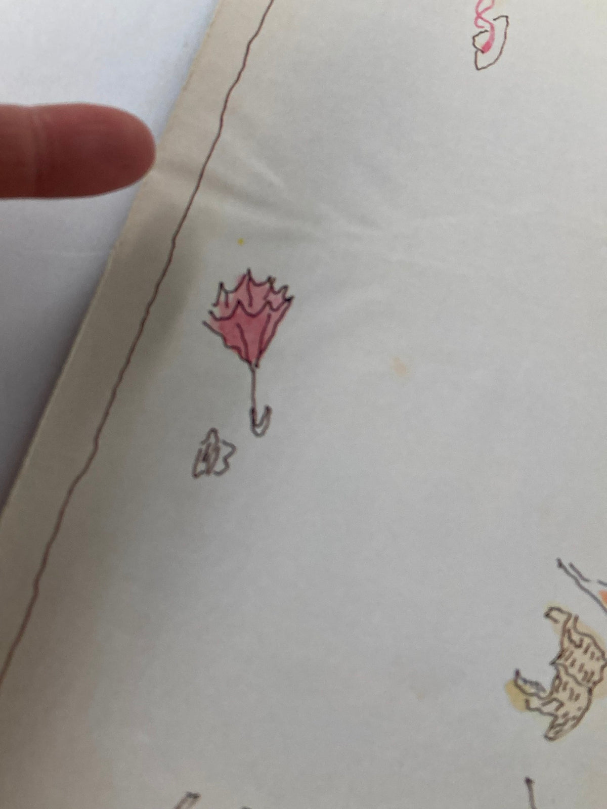 Close-up of The New Yorker March 7 1977 Windy cover by R.O. Blechman, highlighting details of the illustrations, including a pink umbrella and colorful leaves, perfect for displaying vintage artistry.
