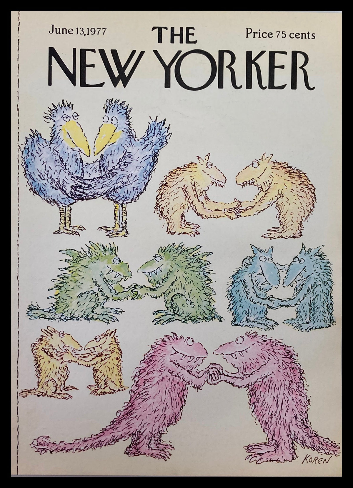The New Yorker Cover from June 13, 1977 featuring Couples by Edward Koren, showcasing whimsical illustrations of colorful creatures expressing affection.
