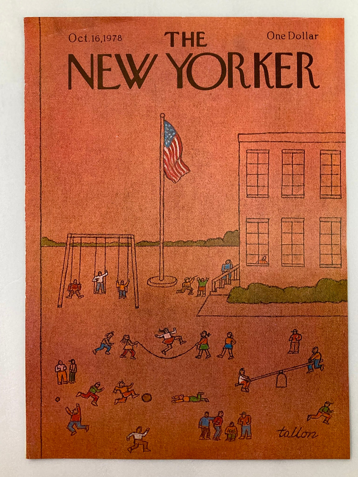 Cover of The New Yorker October 16 1978 titled 'Playground' by Robert Tallon, featuring an illustration of children playing in a park setting with a school building and American flag in the background.
