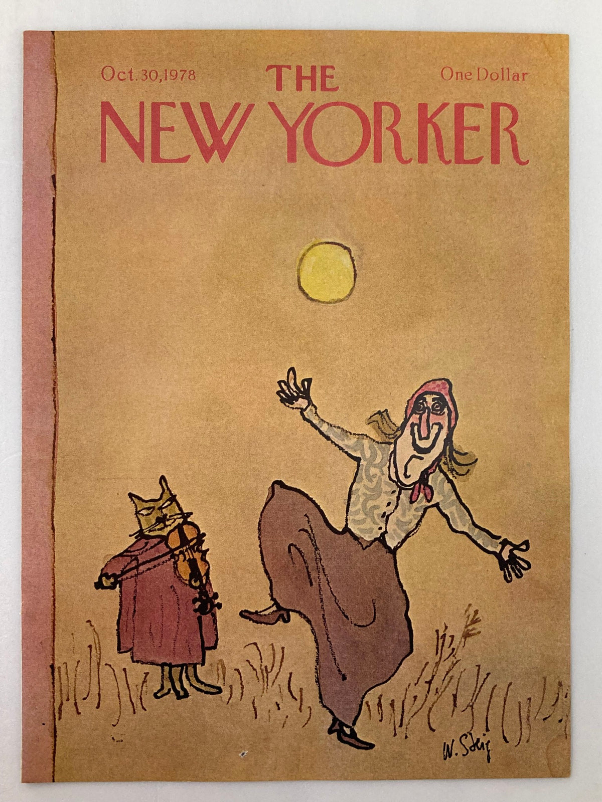 The New Yorker Cover - October 30 1978 - Dancing Lady by William Steig showcasing a whimsical scene with a dancing lady and a cat with a violin under a yellow sun.