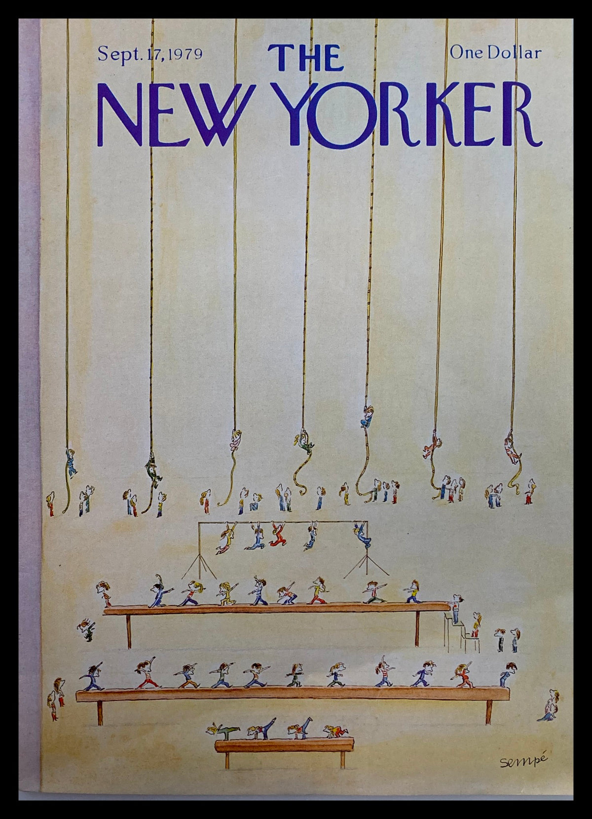 Cover of The New Yorker September 17 1979, illustrated by J. J. Sempé, featuring whimsical scenes of fitness with colorful characters in humorous gymnastic poses.
