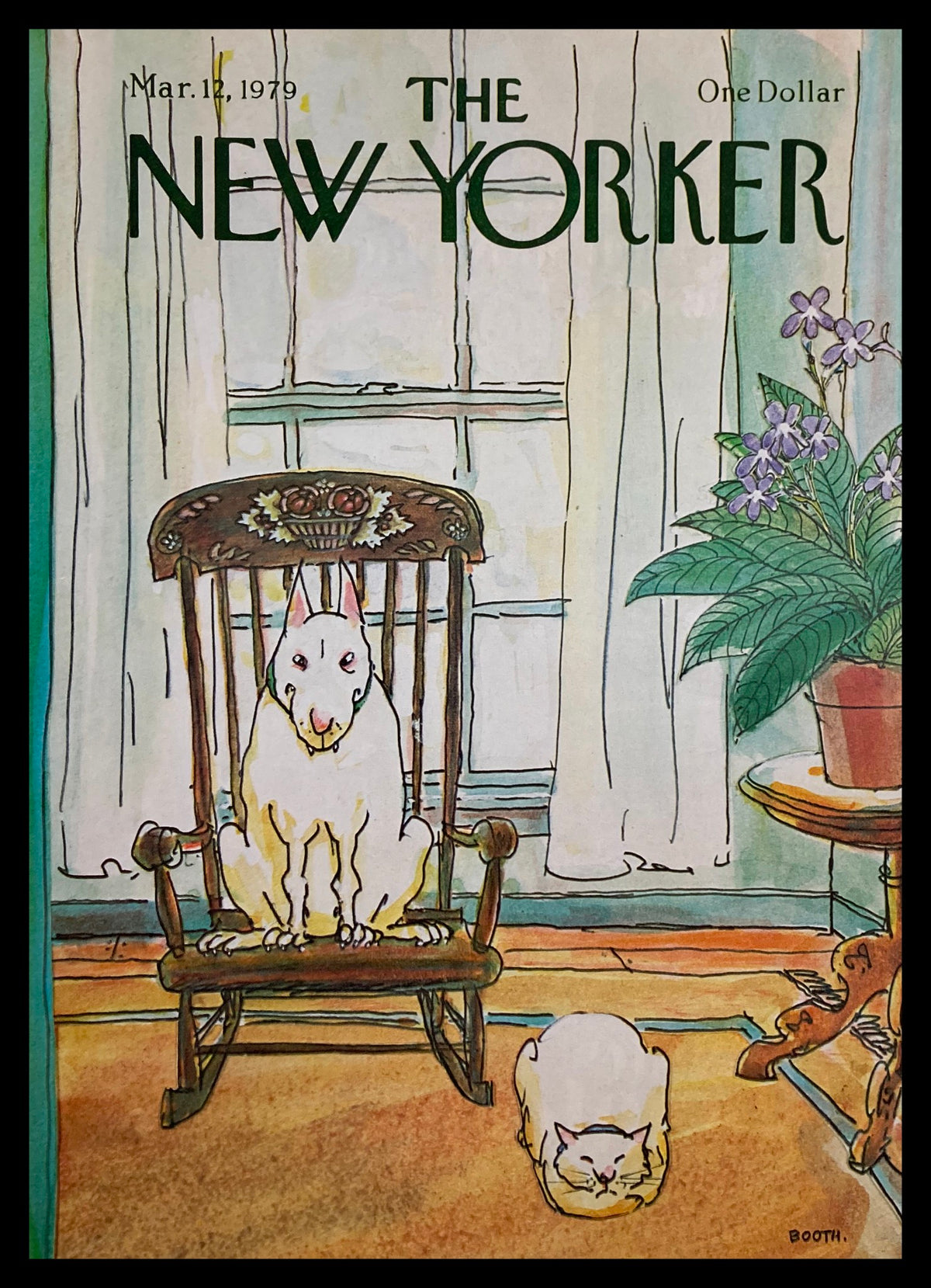 Vintage cover of The New Yorker dated March 12, 1979, featuring a whimsical illustration by George Booth, showcasing a dog sitting in a rocking chair and a cat resting on the floor, set in a cozy interior with plants.