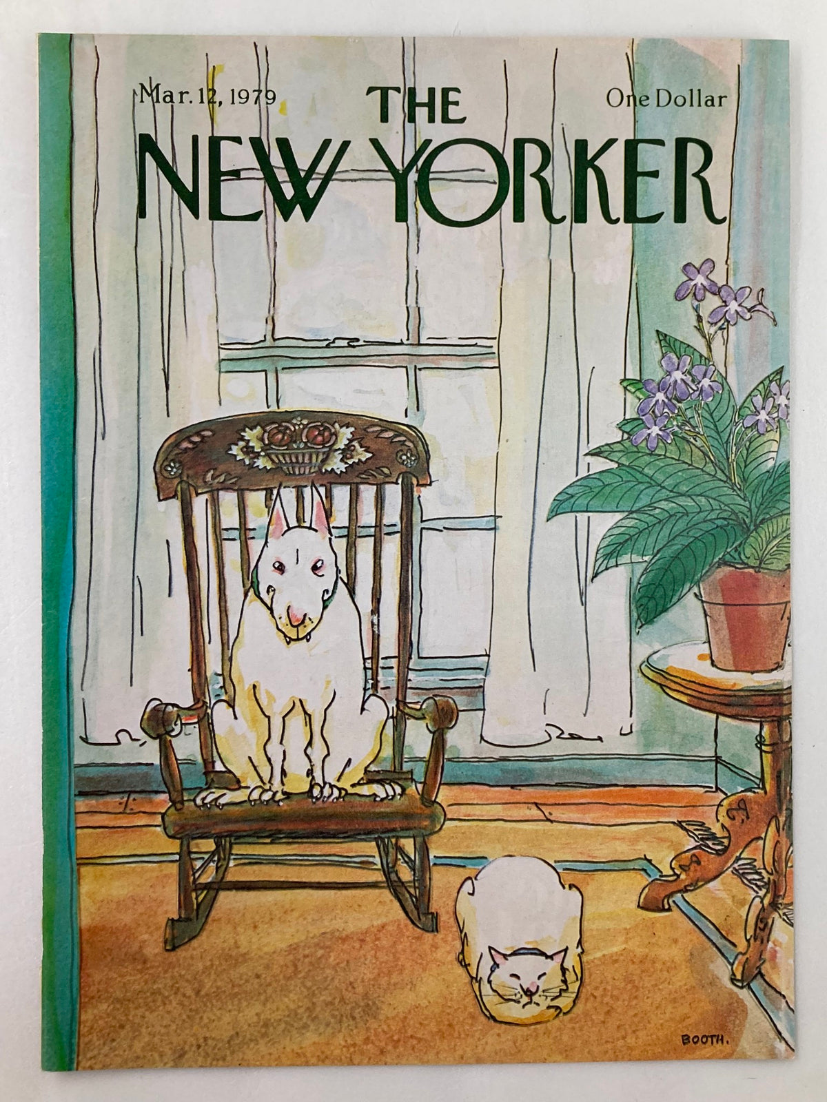 Artistic cover of The New Yorker from March 12, 1979, designed by George Booth, depicting a charming scene with a dog in a rocking chair and a content cat nearby, framed by a warm, inviting home setting.