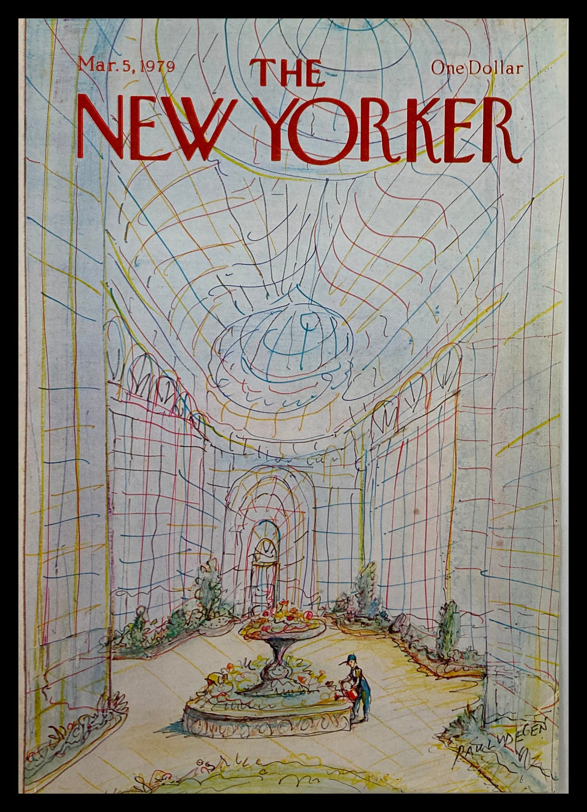 COVER ONLY The New Yorker March 5 1979 Indoor Garden by Paul Degen, featuring a vibrant illustration of an indoor garden scene with a fountain and designer details, perfect for art and magazine enthusiasts.