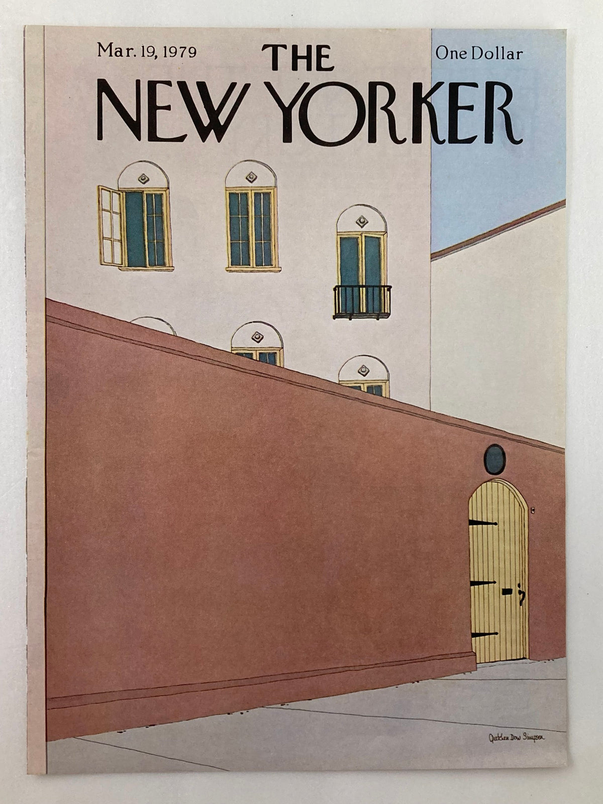 Cover only of The New Yorker dated March 19, 1979, designed by Gretchen D. Simpson, showcasing a unique artistic design with a high wall and architectural elements, a great collectible piece.