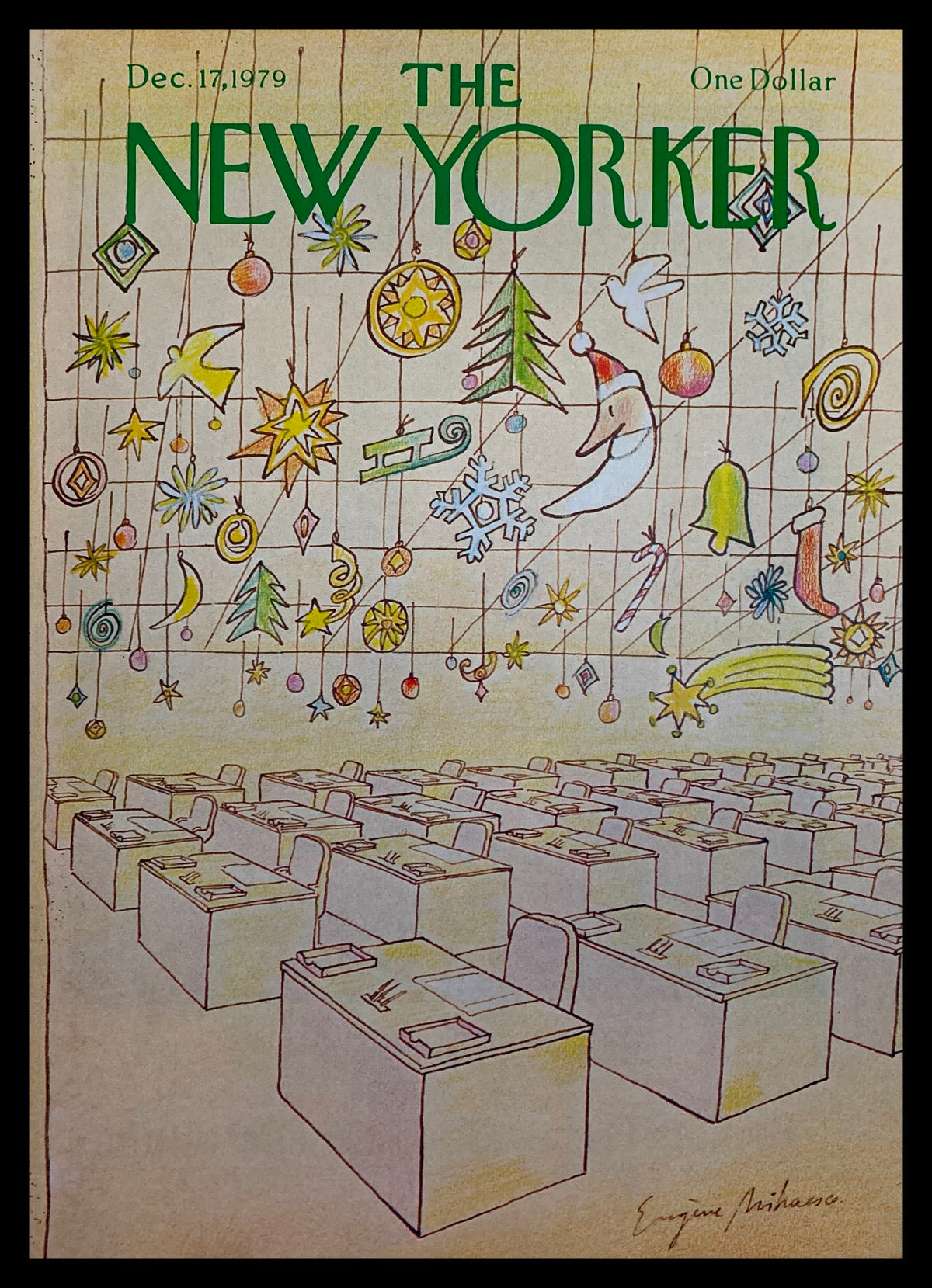Cover of The New Yorker December 17 1979 titled 'Wishes' by Eugene Mihaesco, featuring colorful hanging decorations over rows of desks.