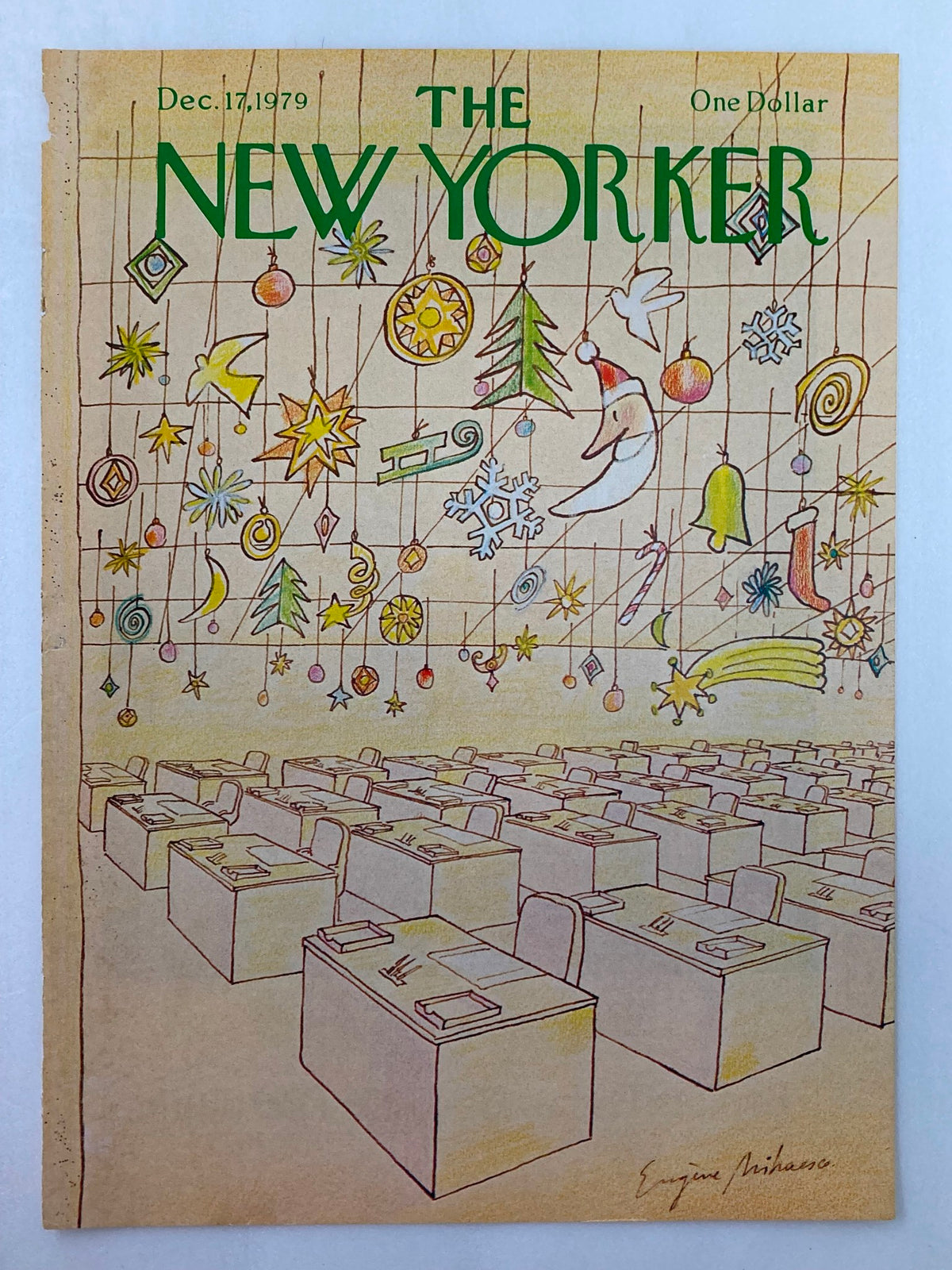 Cover of The New Yorker December 17 1979 entitled 'Wishes' by Eugene Mihaesco, depicting an artistic arrangement of festive ornaments above classroom desks.