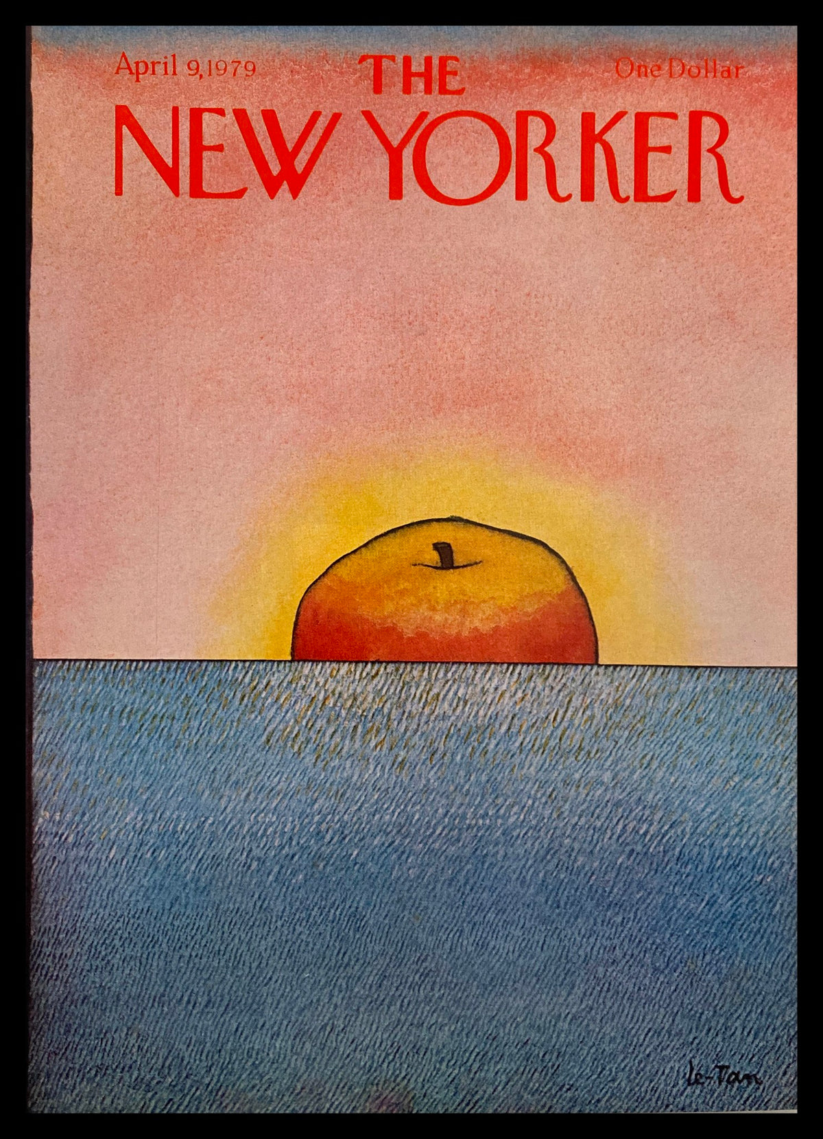 Cover of The New Yorker dated April 9, 1979, featuring vibrant artwork of a sun rising over an apple by Pierre Le-Tan.